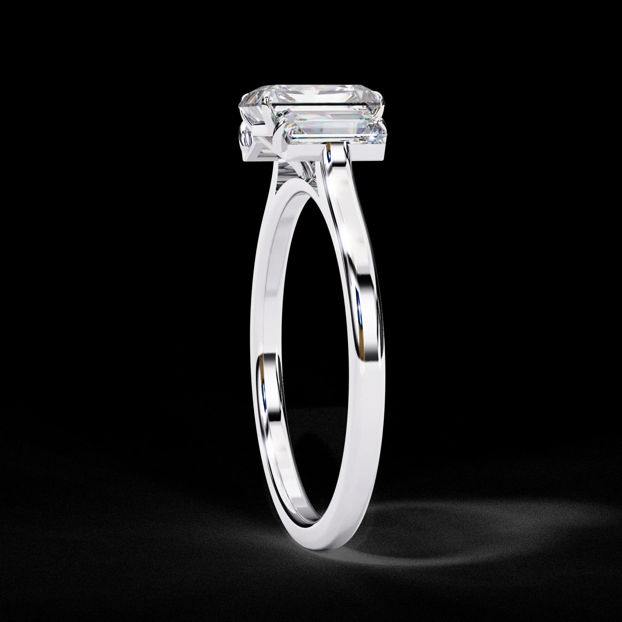 Radiant cut lab grown diamond three-stone engagement ring in white gold, side profile view