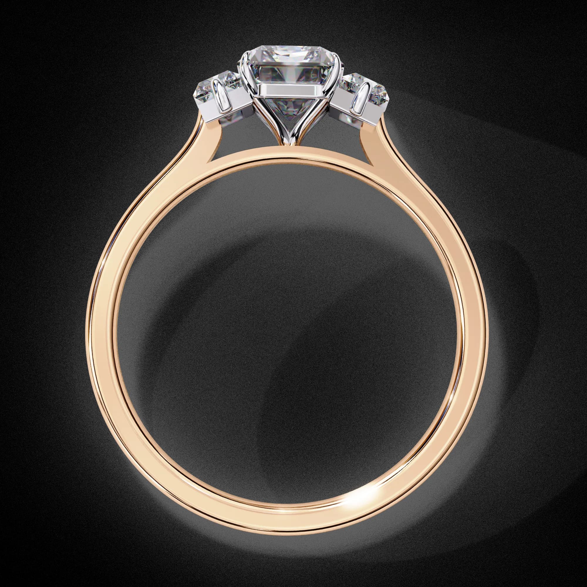 Radiant cut lab grown diamond three-stone engagement ring in rose gold, through-finger view