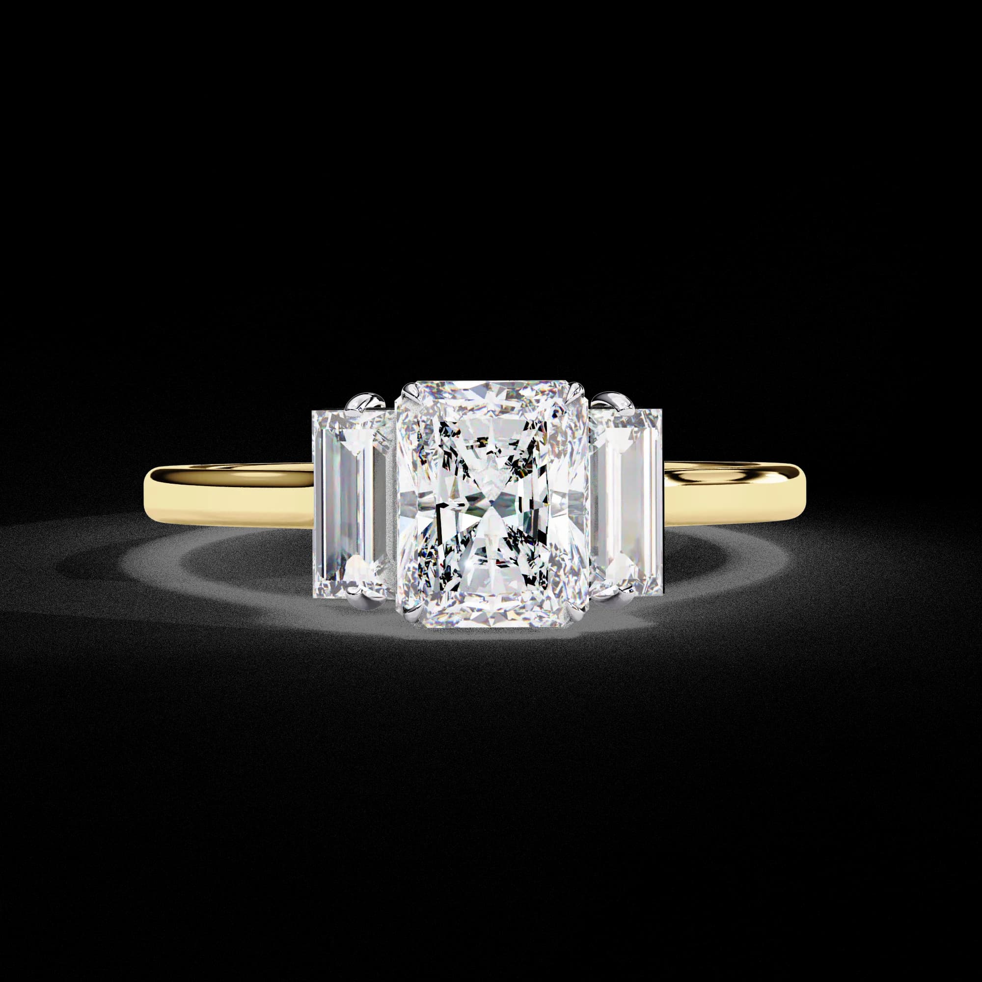 Radiant cut lab grown diamond three-stone engagement ring in yellow gold, front view