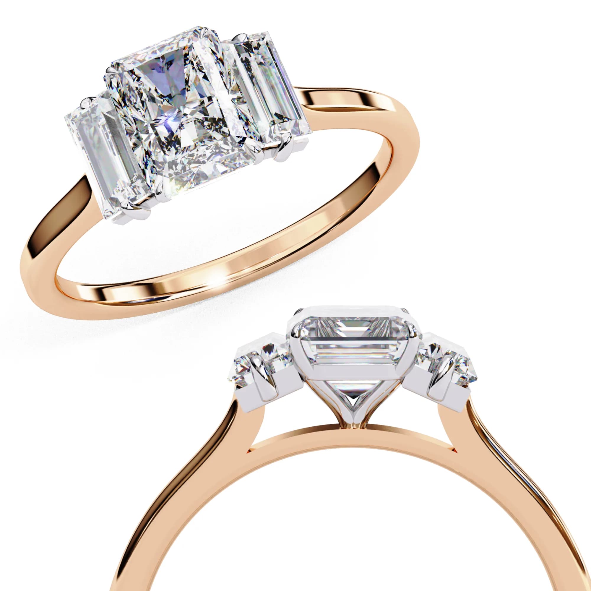 Radiant cut lab grown diamond three-stone engagement ring in rose gold, angled view with a close-up of the setting