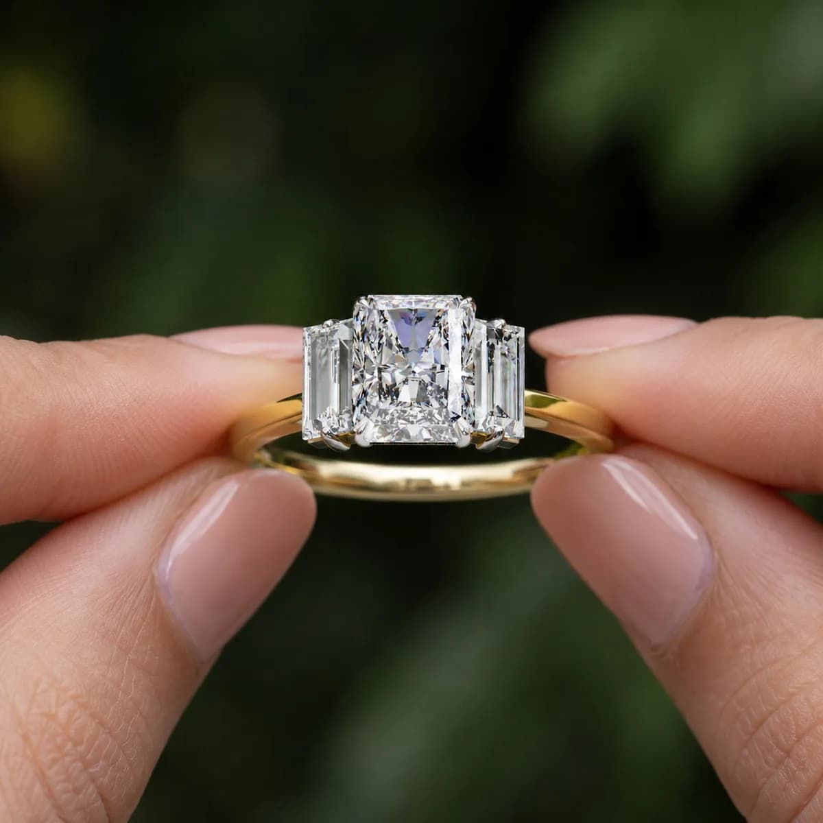 Radiant cut lab grown diamond three-stone engagement ring in yellow gold held between fingertips