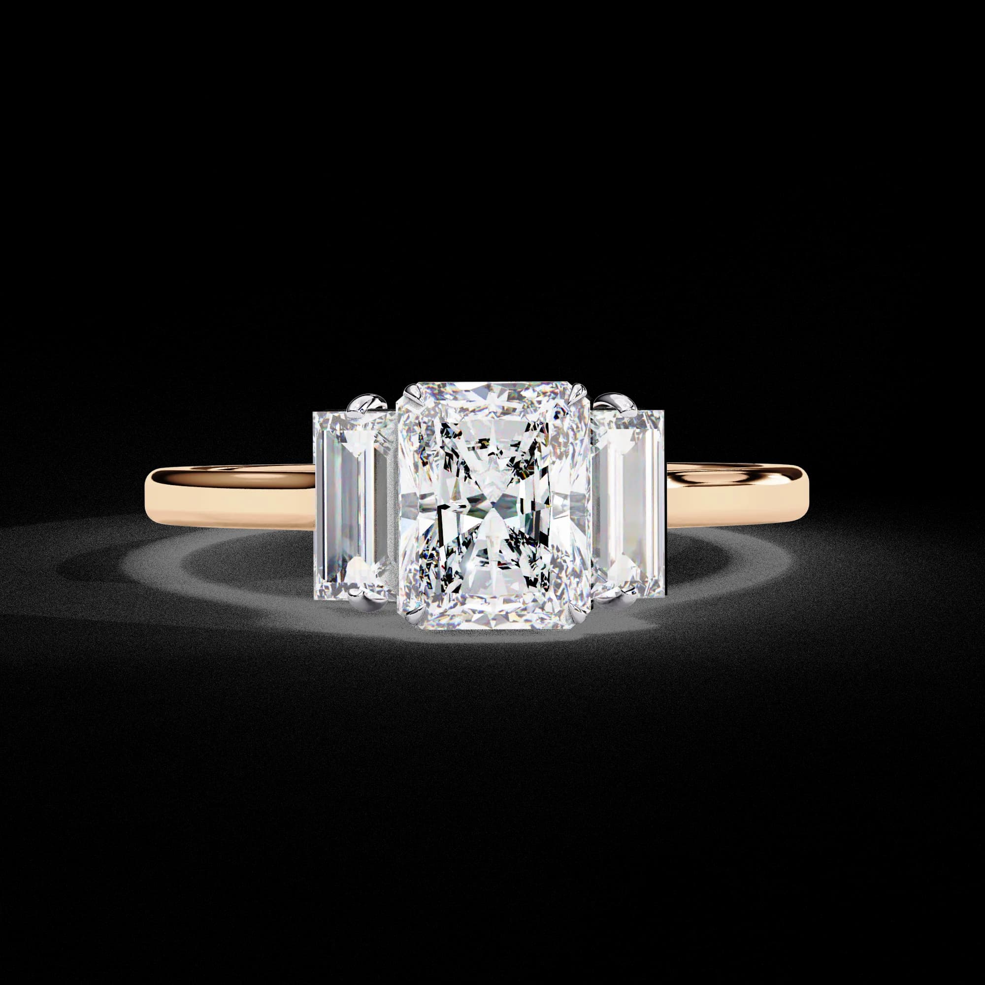 Radiant cut lab grown diamond three-stone engagement ring in rose gold, front view