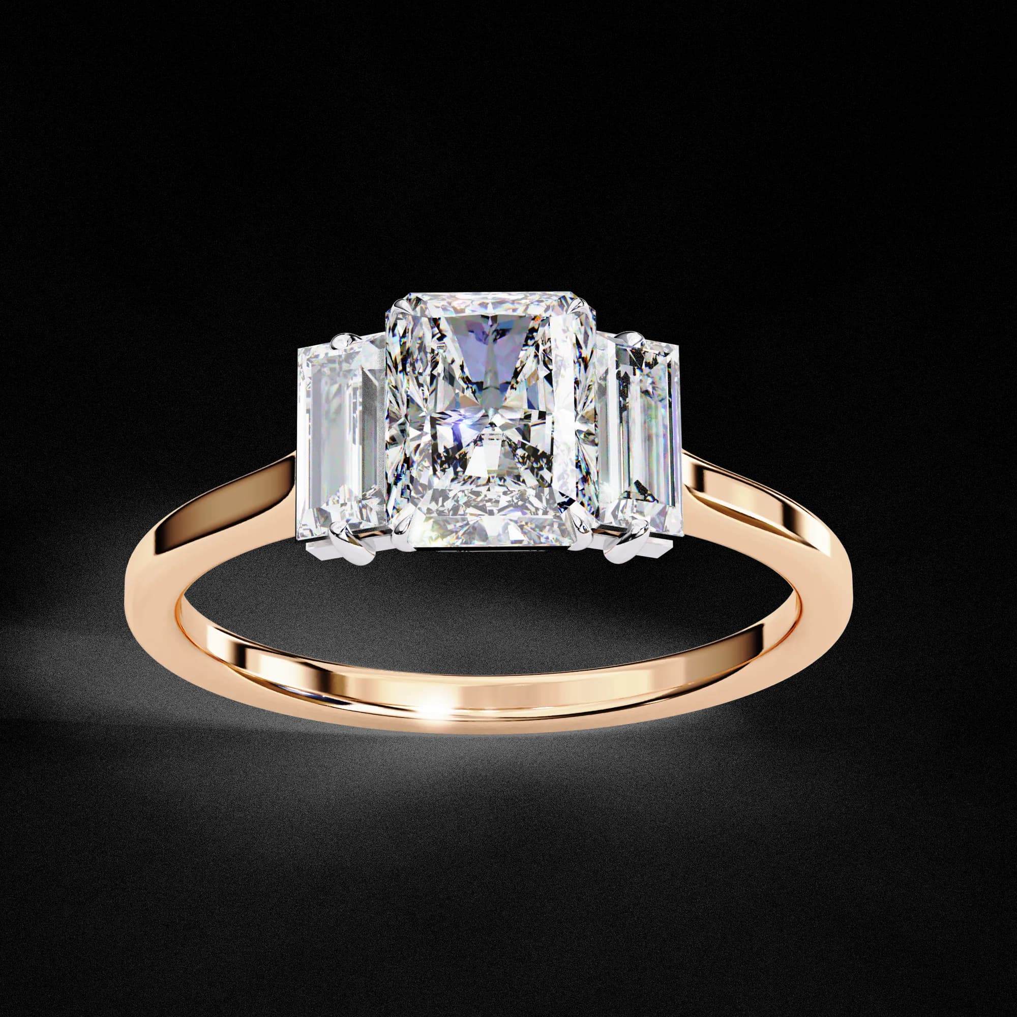 Radiant cut lab grown diamond three-stone engagement ring in rose gold, angled view