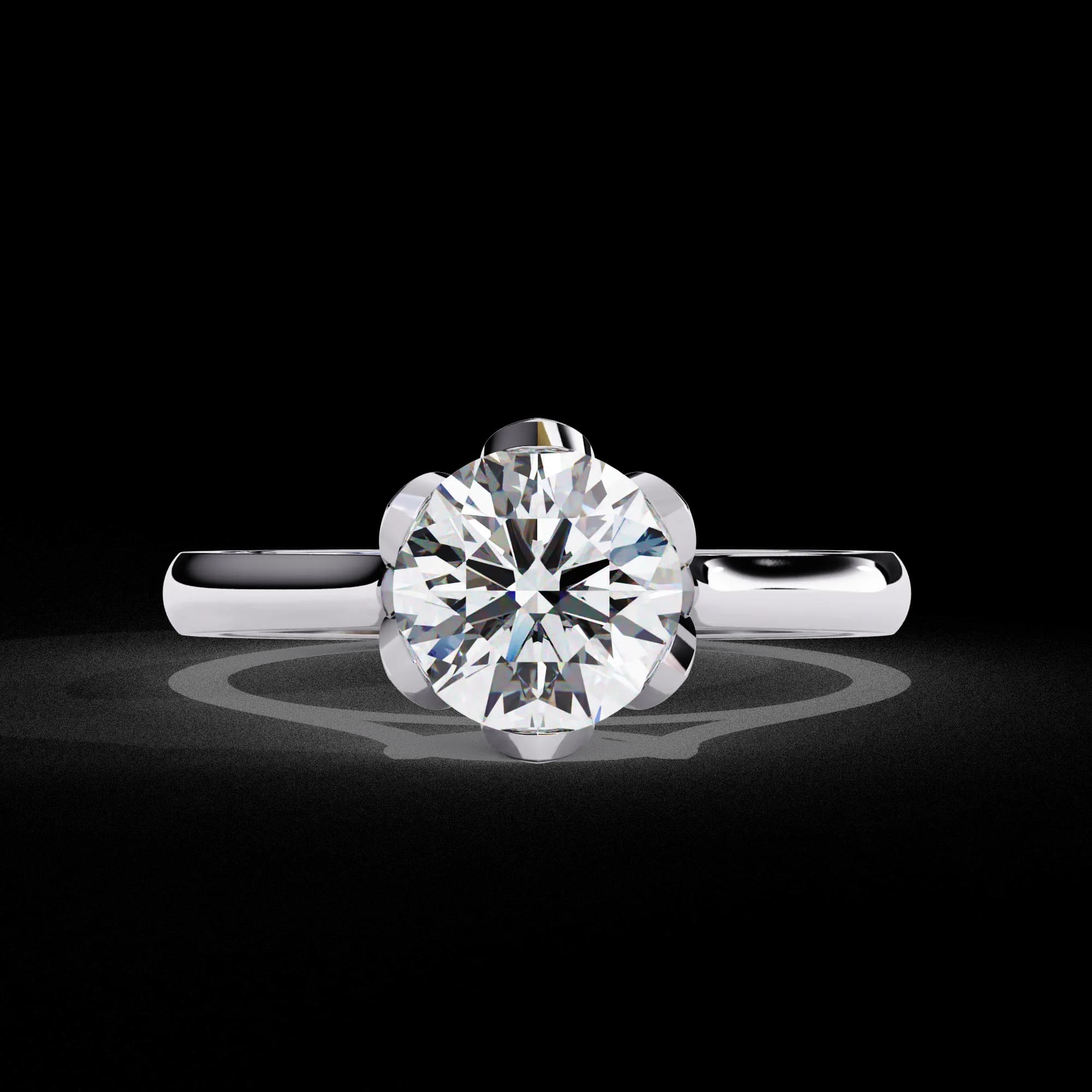 Round lab grown diamond tulip six-claw solitaire engagement ring in white gold, front view