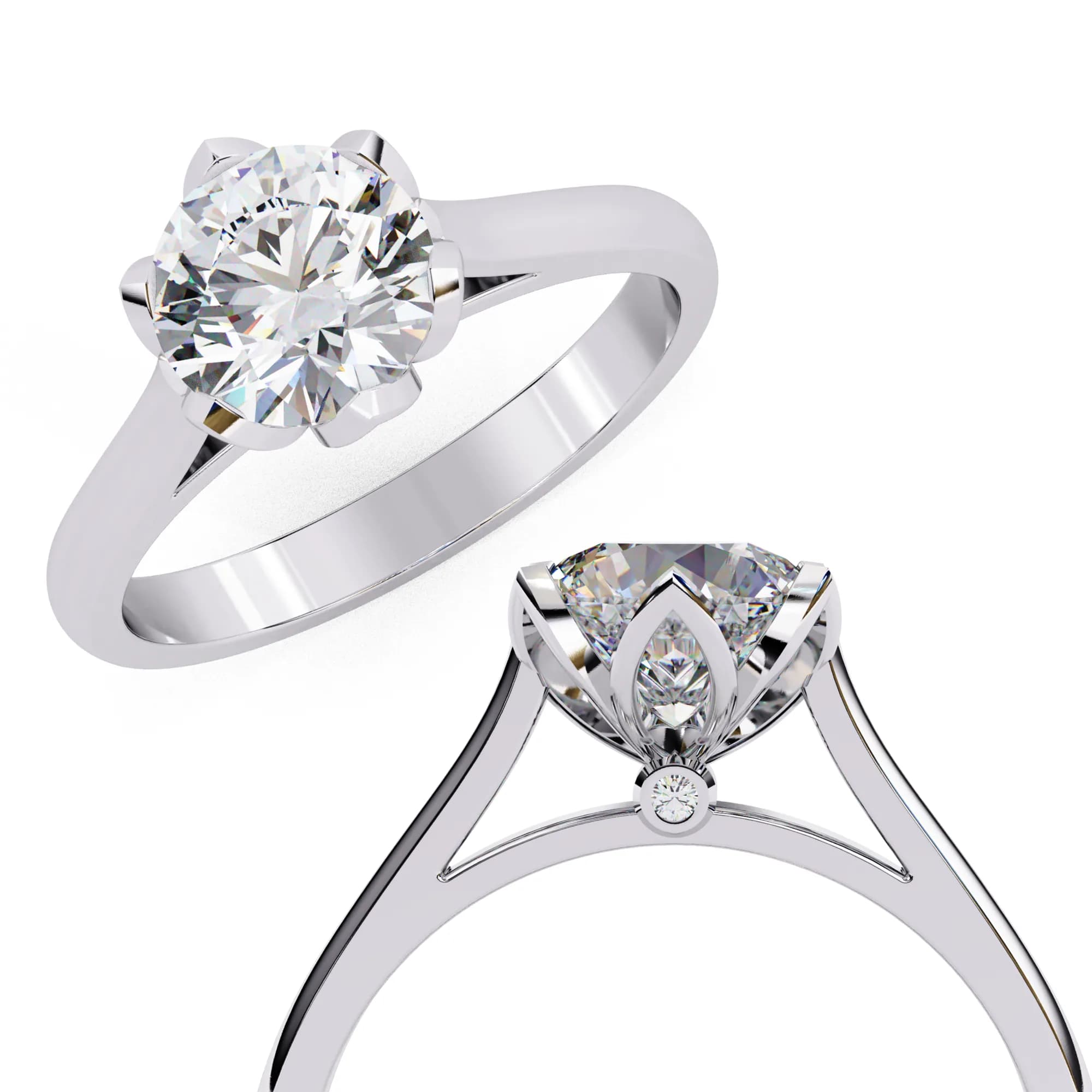 Round lab grown diamond tulip six-claw solitaire engagement ring in white gold, angled overhead and gallery view