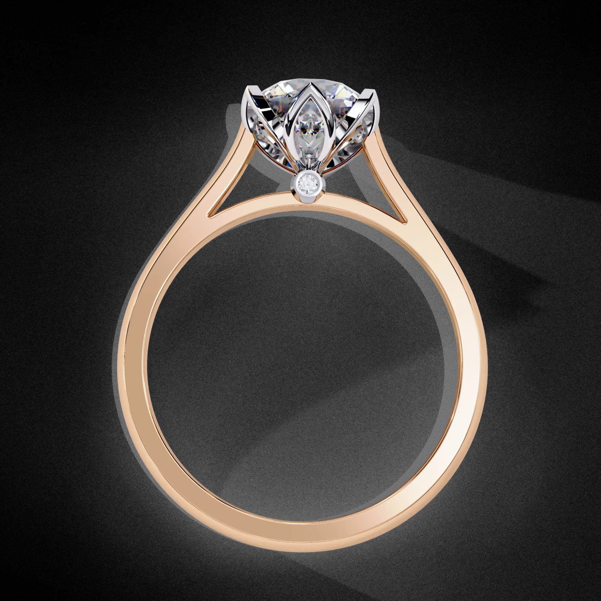 Round lab grown diamond tulip six-claw solitaire engagement ring in rose gold, through-finger view