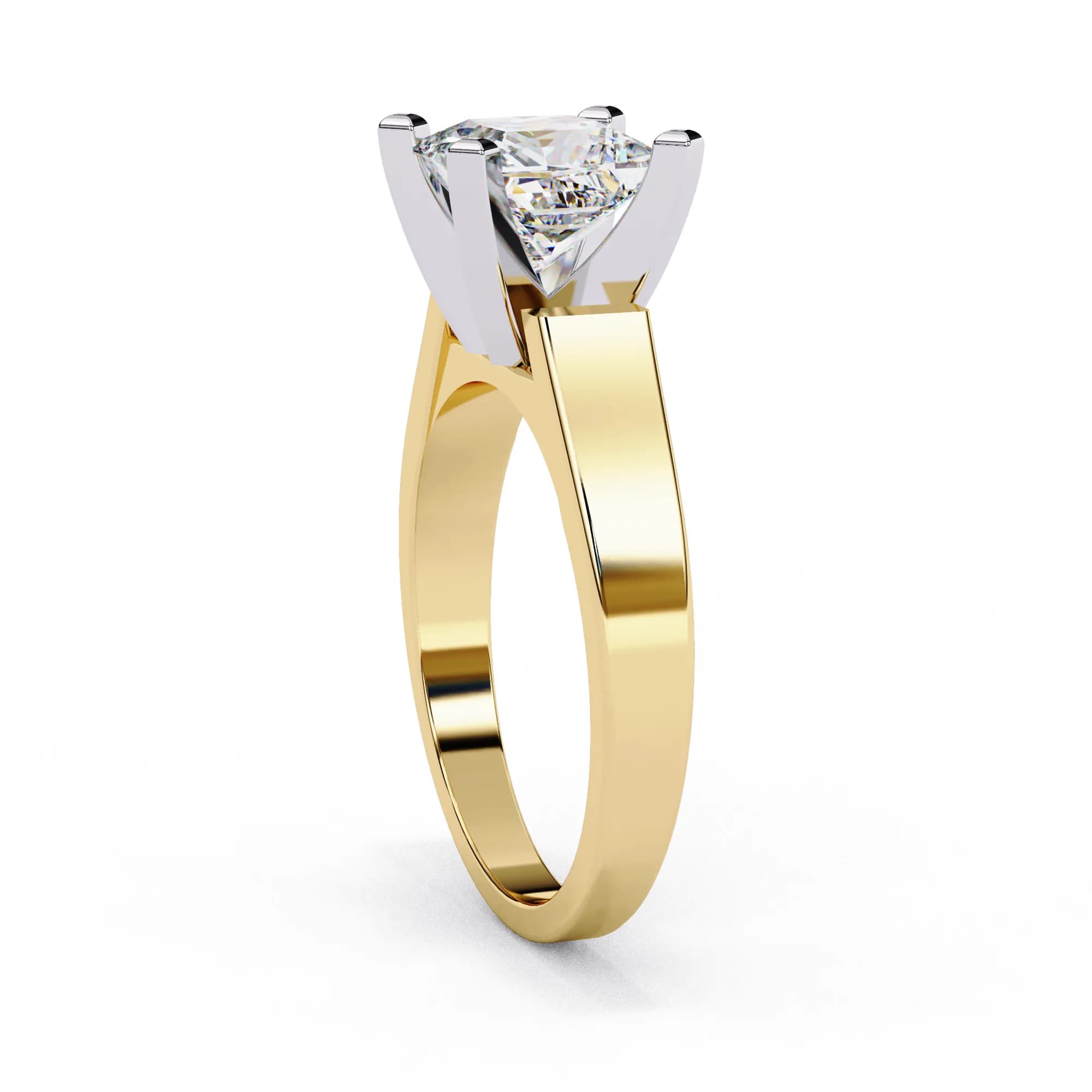 Princess cut lab grown diamond cathedral solitaire engagement ring in yellow gold, side profile view