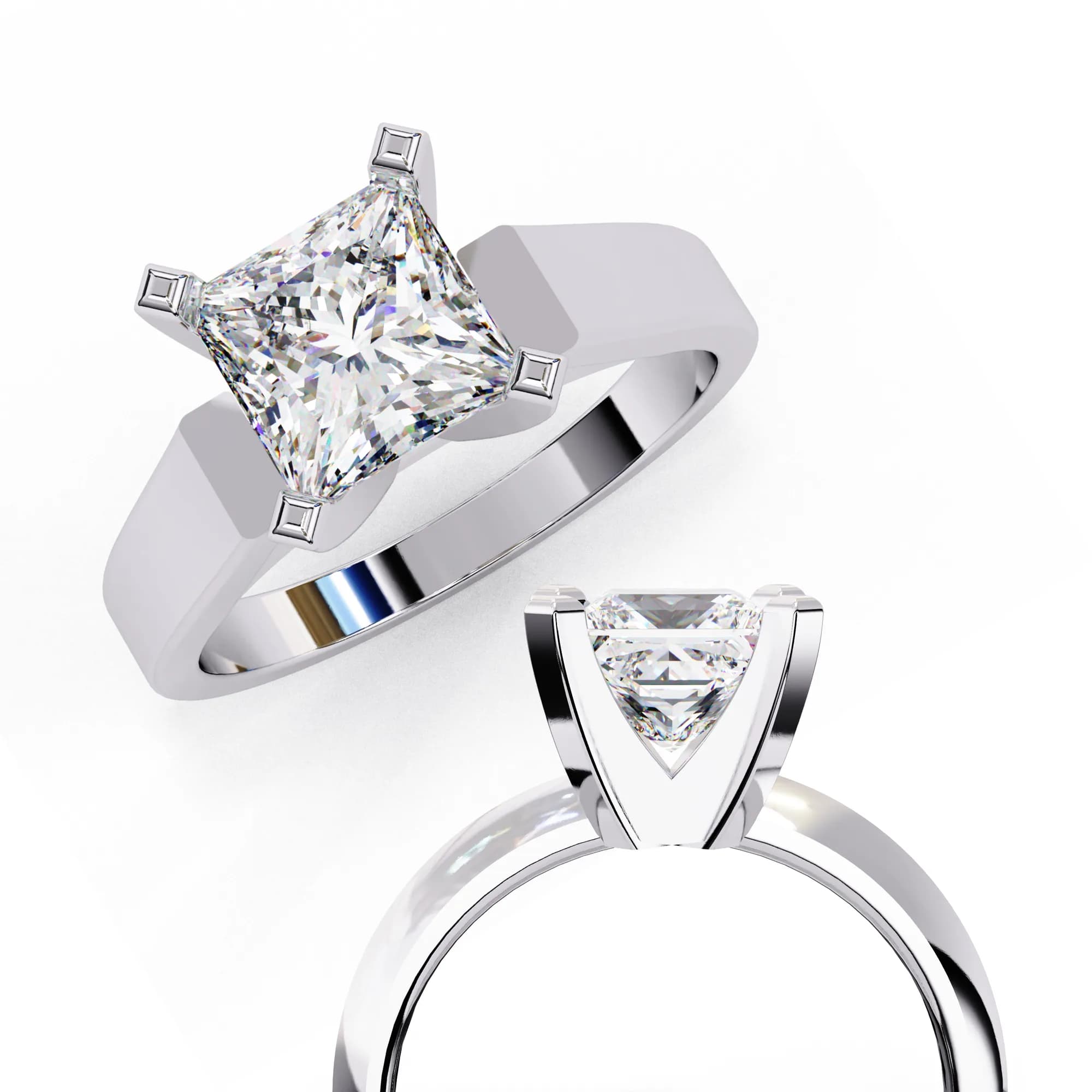 Princess cut lab grown diamond cathedral solitaire engagement ring in white gold, angled view with a close-up of the setting
