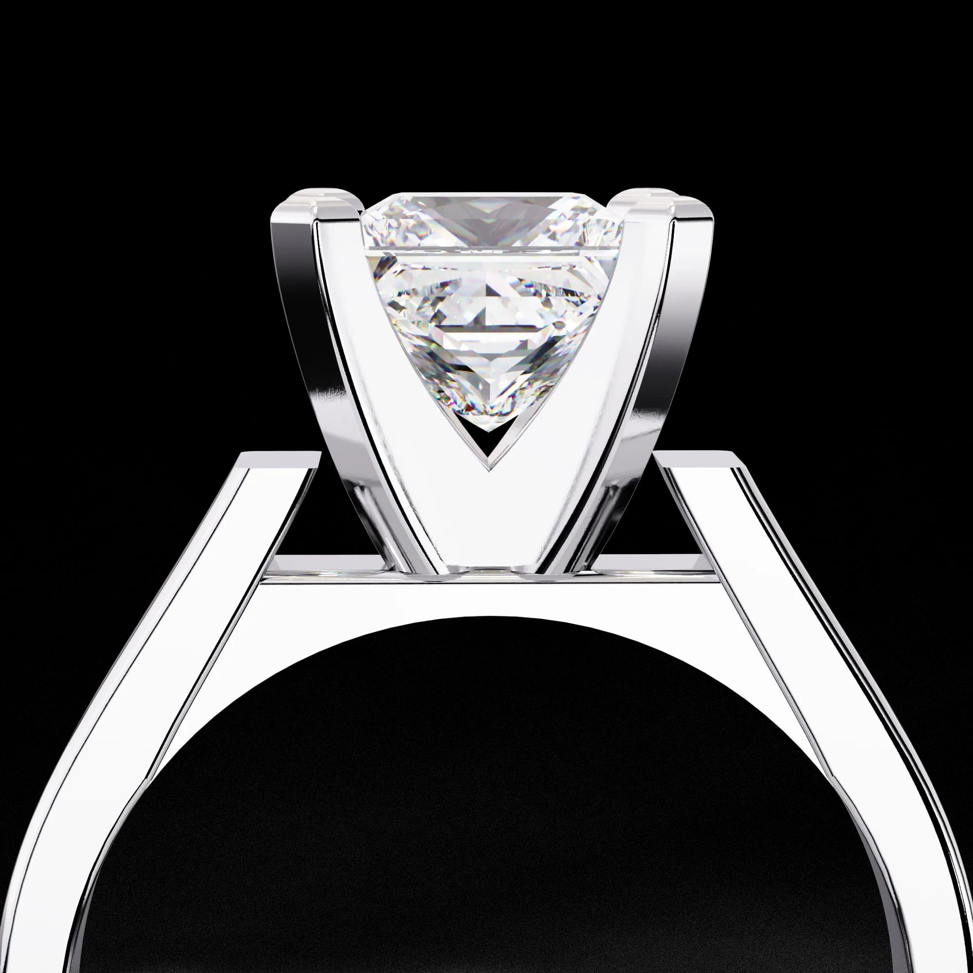 Princess cut lab grown diamond cathedral solitaire engagement ring in white gold, close-up of the setting