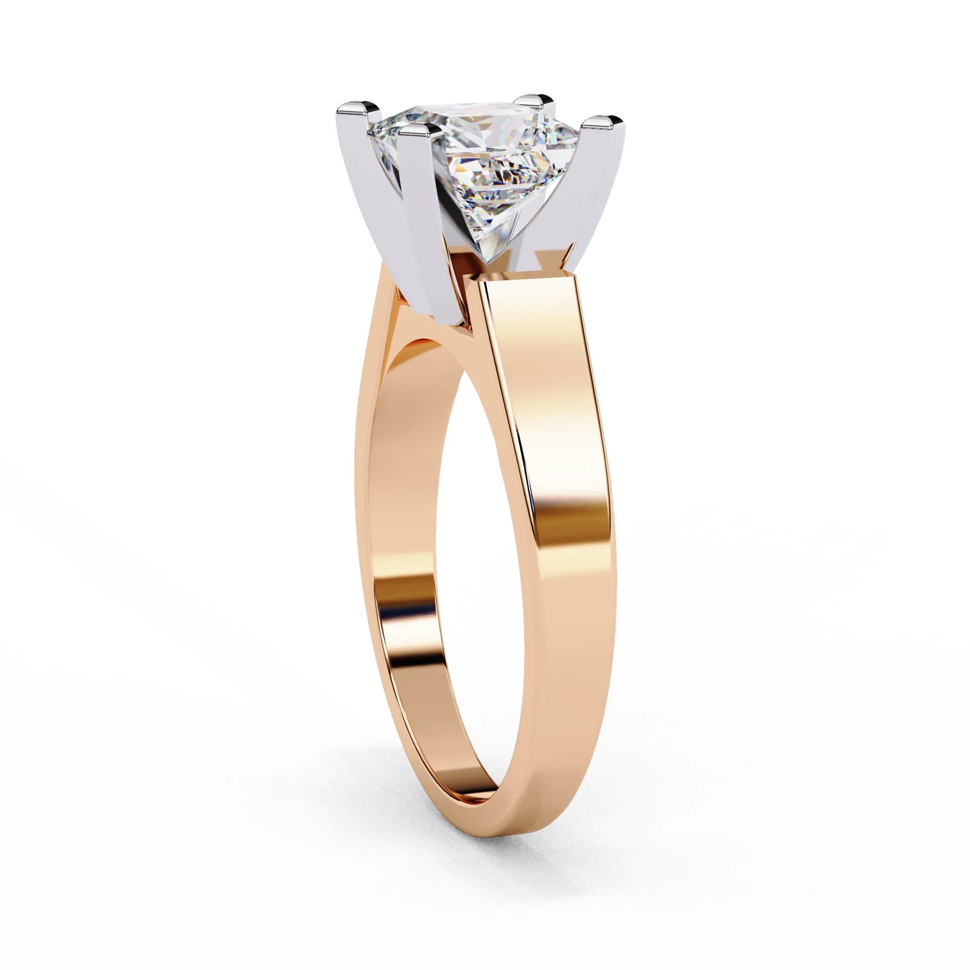 Princess cut lab grown diamond cathedral solitaire engagement ring in rose gold, side profile view