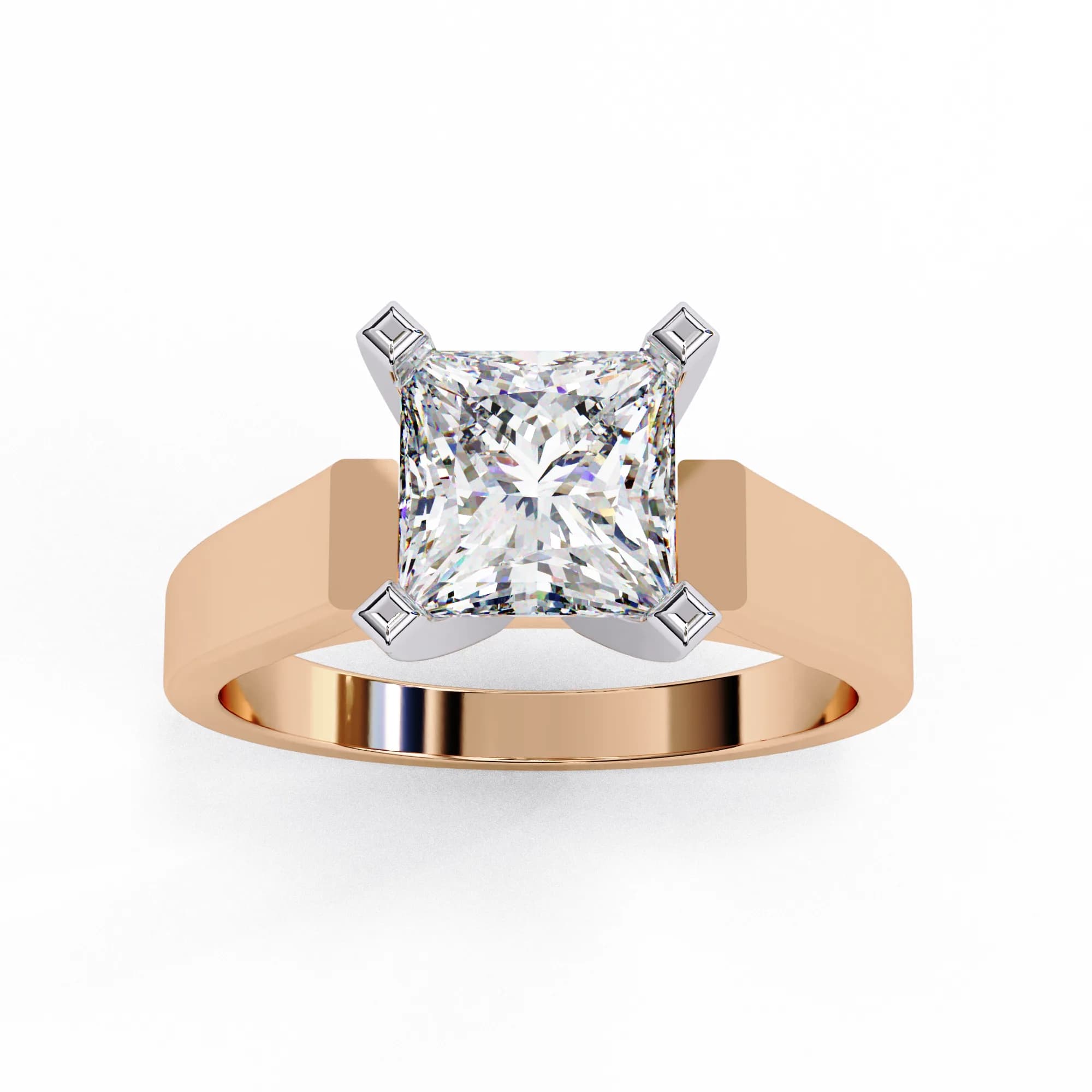 Princess cut lab grown diamond cathedral solitaire engagement ring in rose gold, angled view