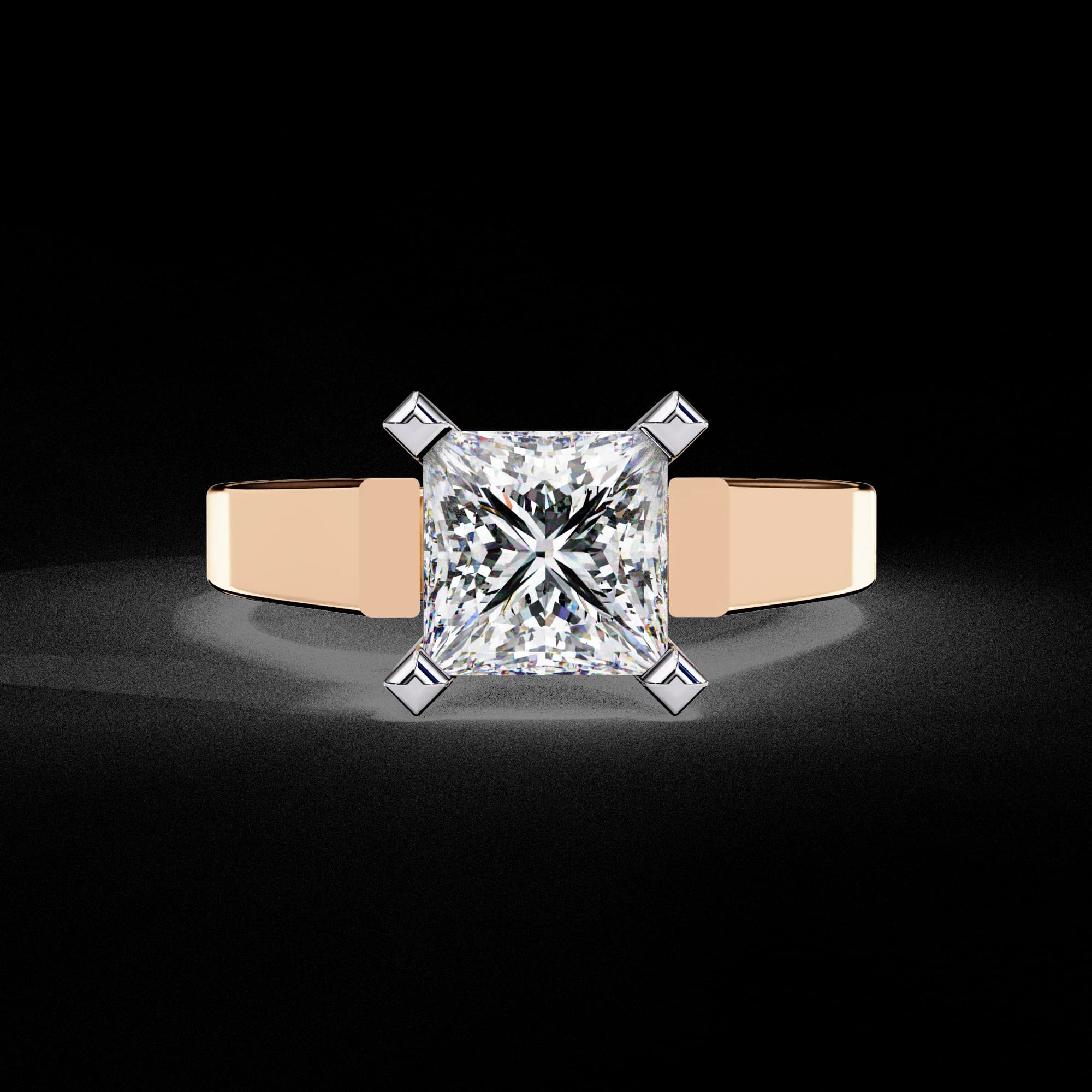 Princess cut lab grown diamond cathedral solitaire engagement ring in rose gold, front view