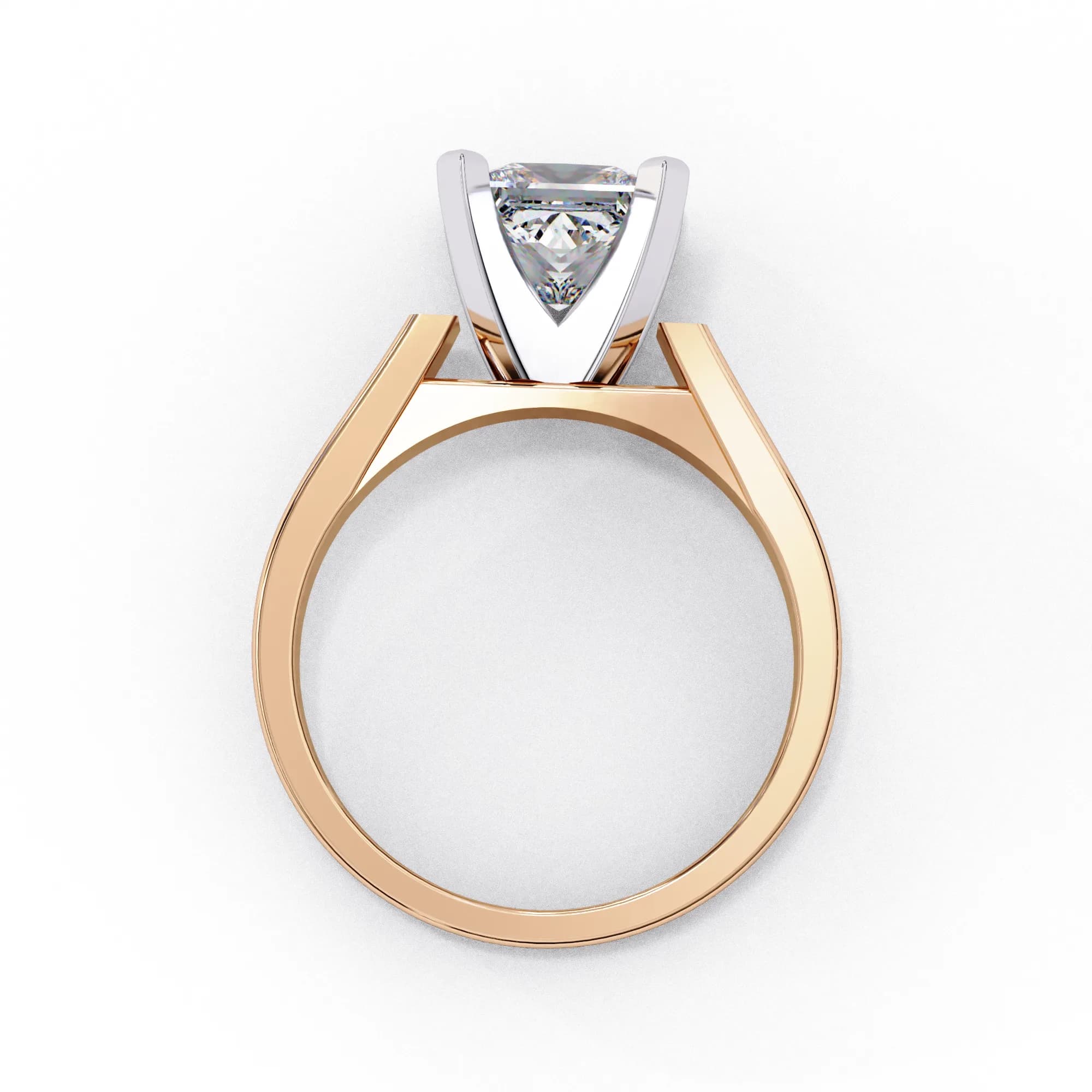 Princess cut lab grown diamond cathedral solitaire engagement ring in rose gold, through-finger view