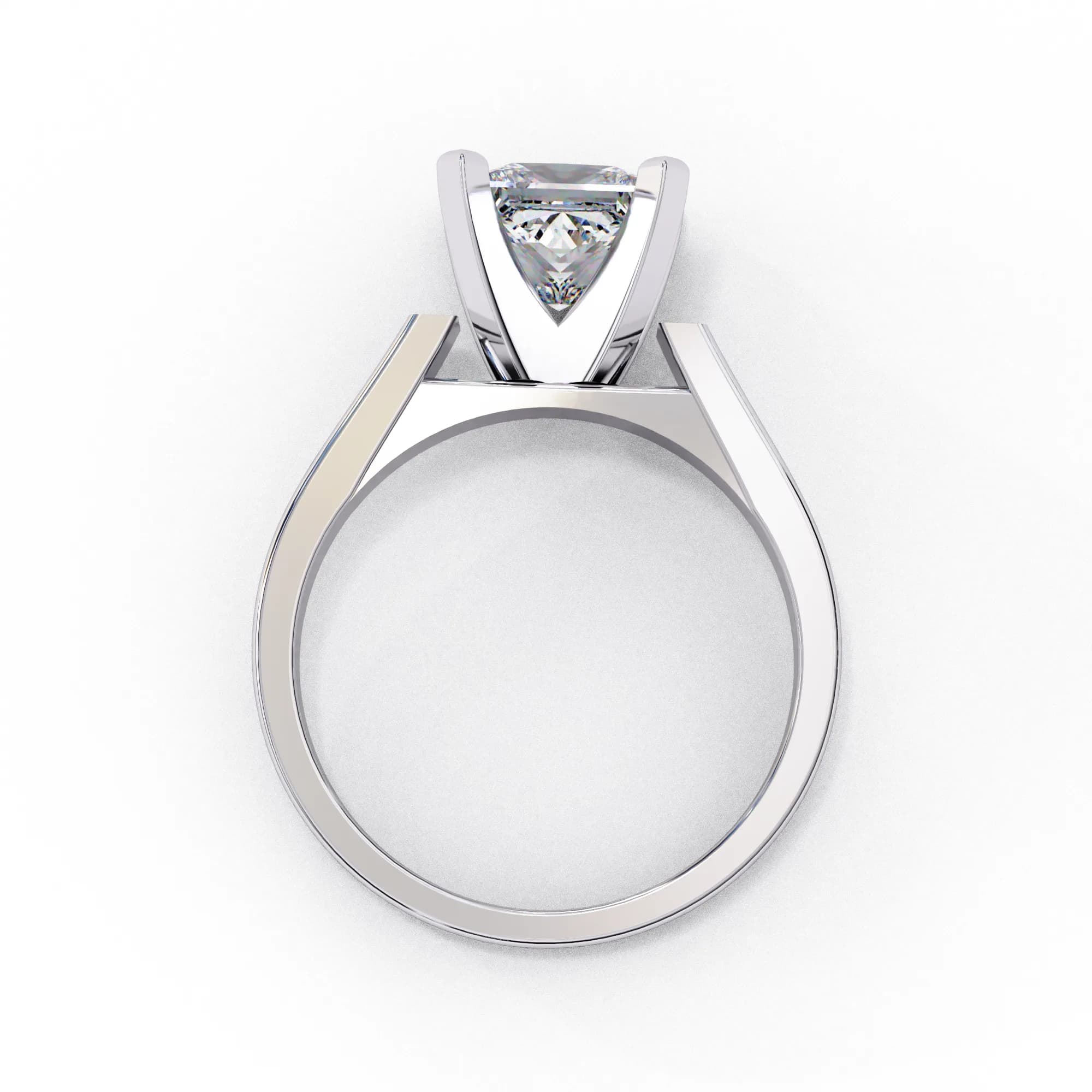 Princess cut lab grown diamond cathedral solitaire engagement ring in white gold, through-finger view