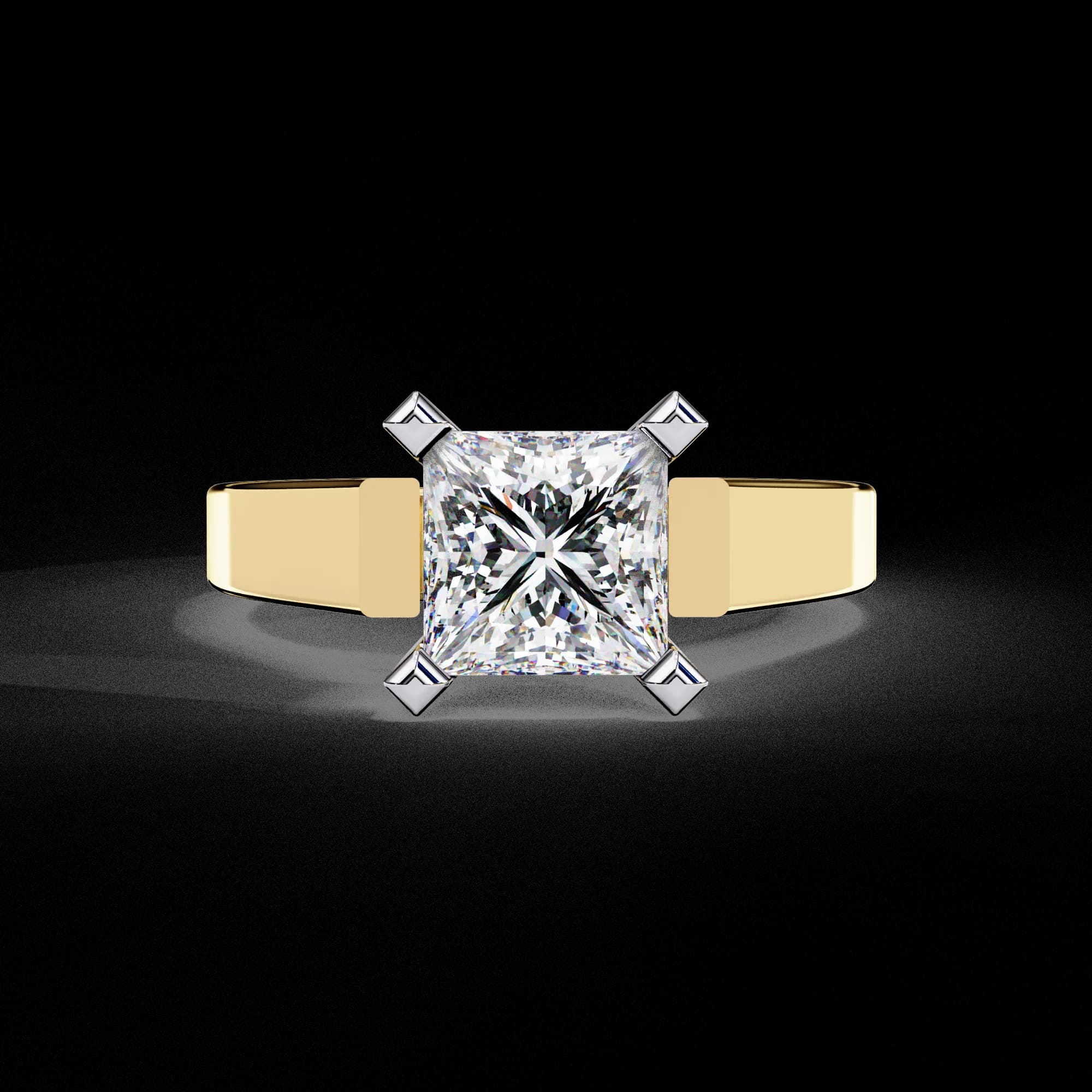 Princess cut lab grown diamond cathedral solitaire engagement ring in yellow gold, front view