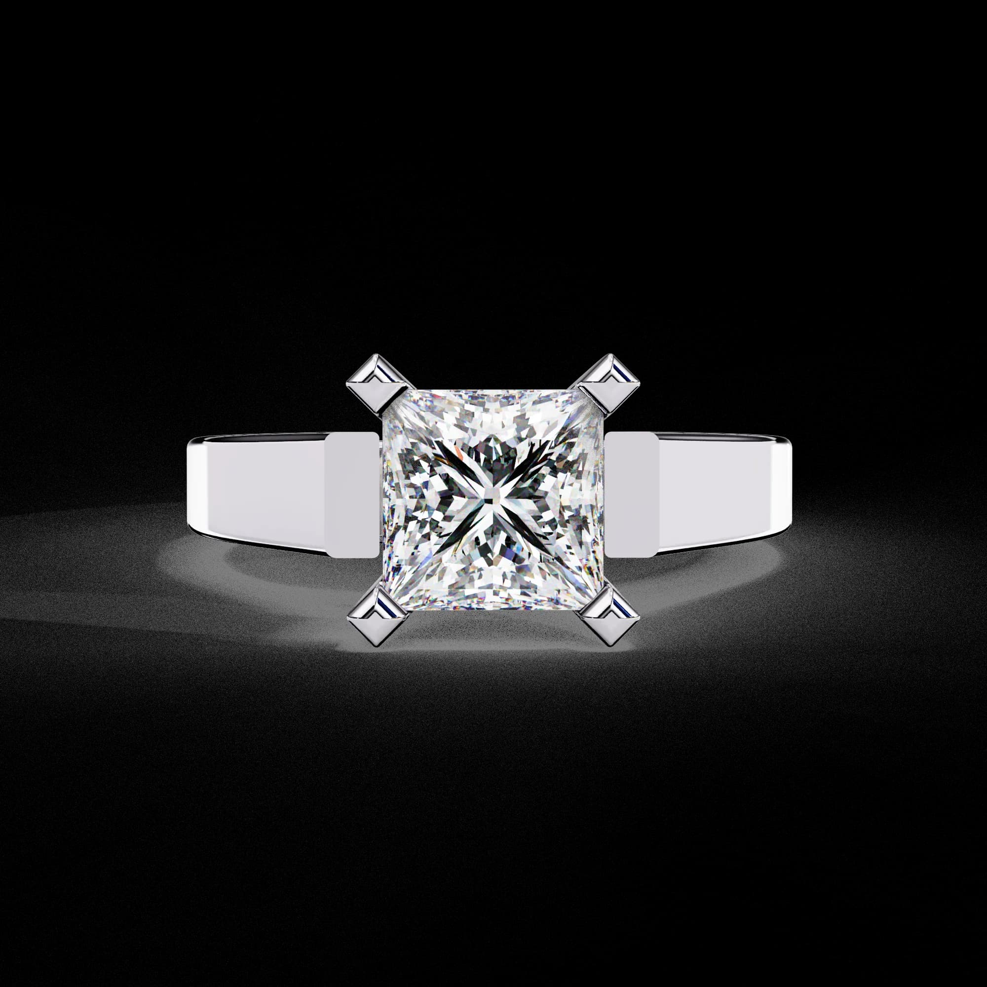 Princess cut lab grown diamond cathedral solitaire engagement ring in white gold, front view