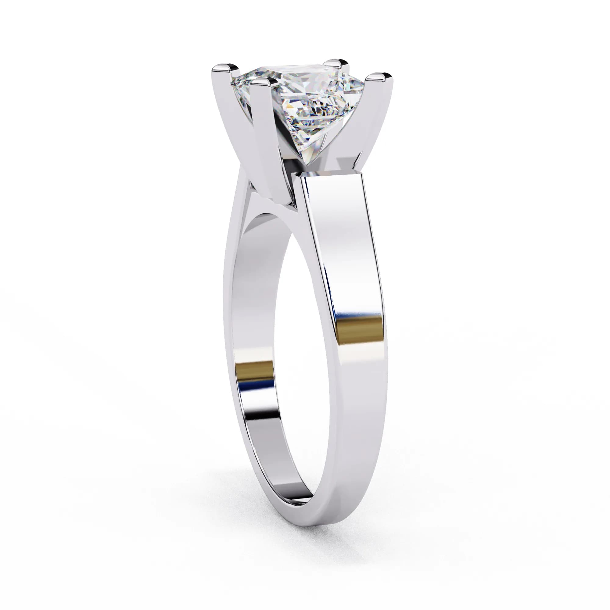 Princess cut lab grown diamond cathedral solitaire engagement ring in white gold, side profile view