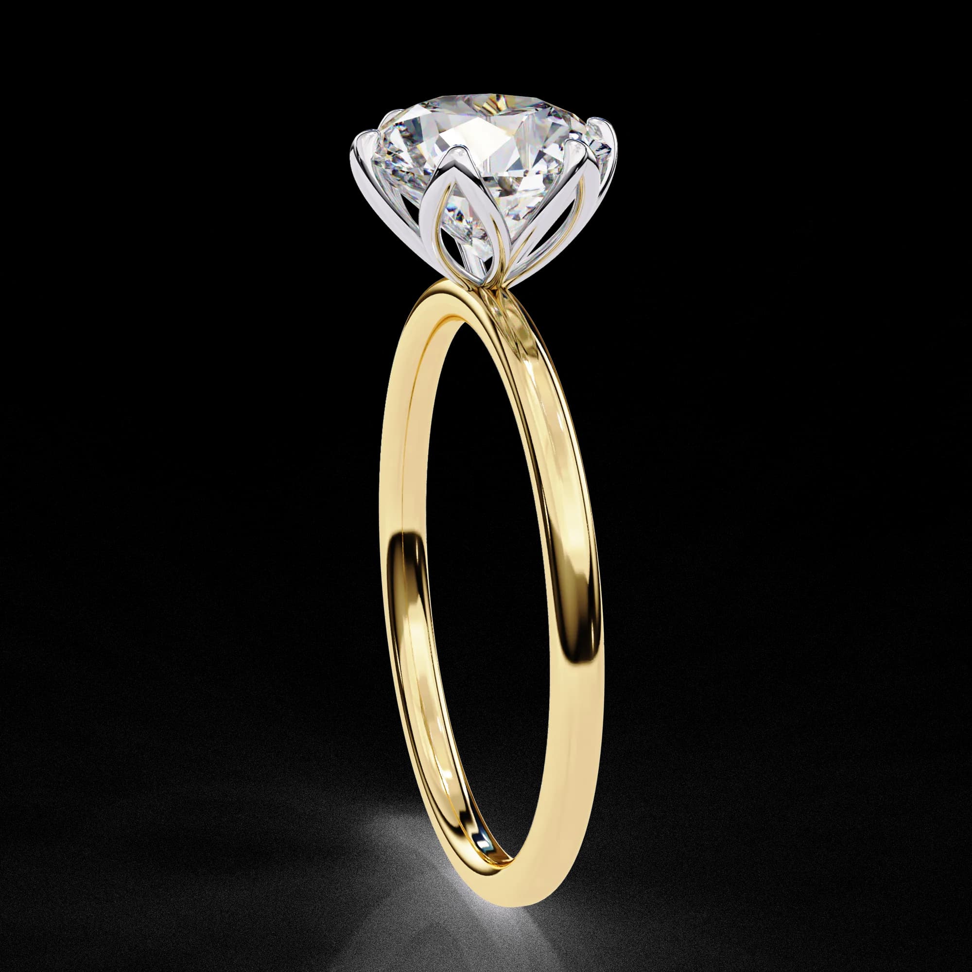 Round lab grown diamond six-prong tulip solitaire engagement ring in yellow gold, side profile view