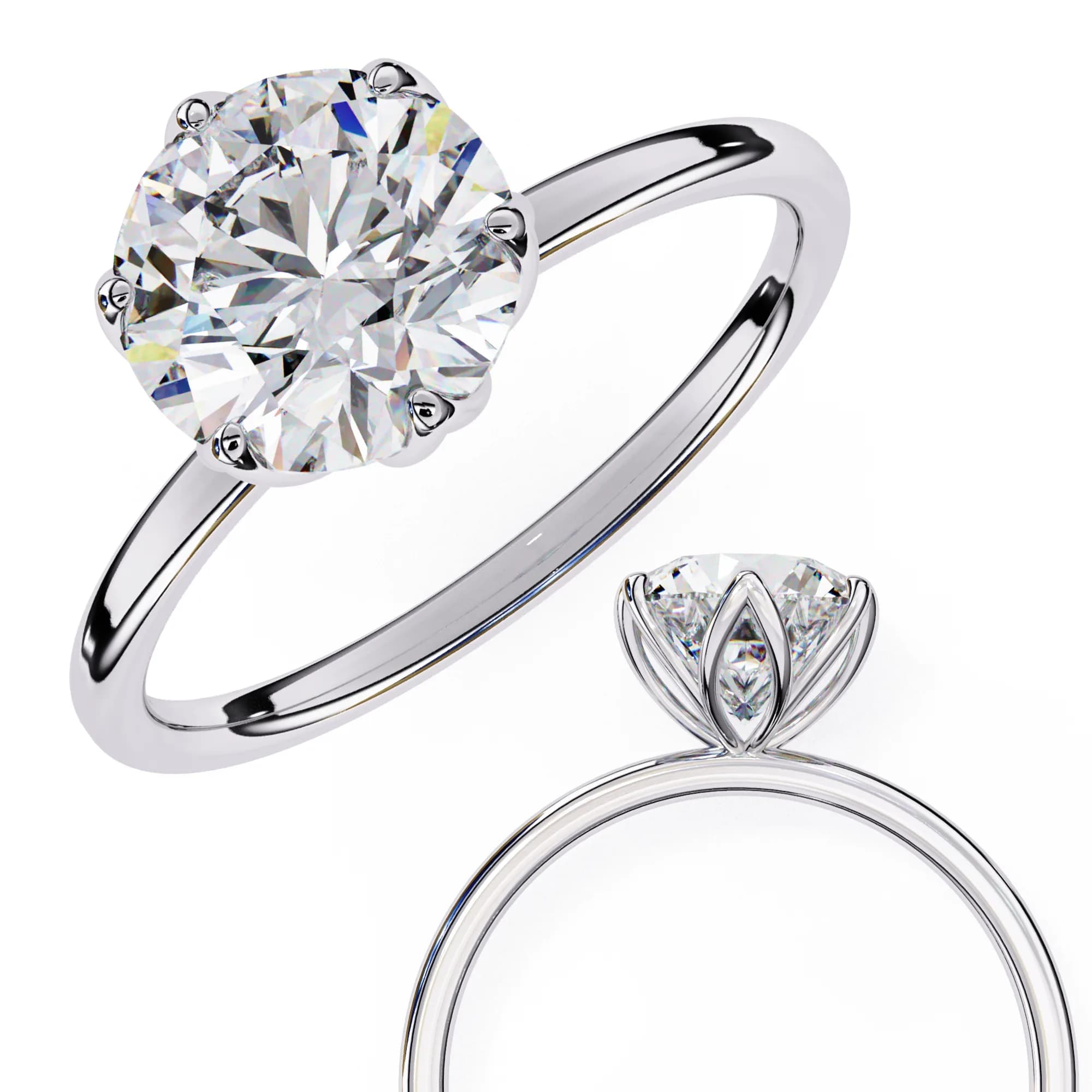 Round lab grown diamond six-prong tulip solitaire engagement ring in white gold, shown from two angles