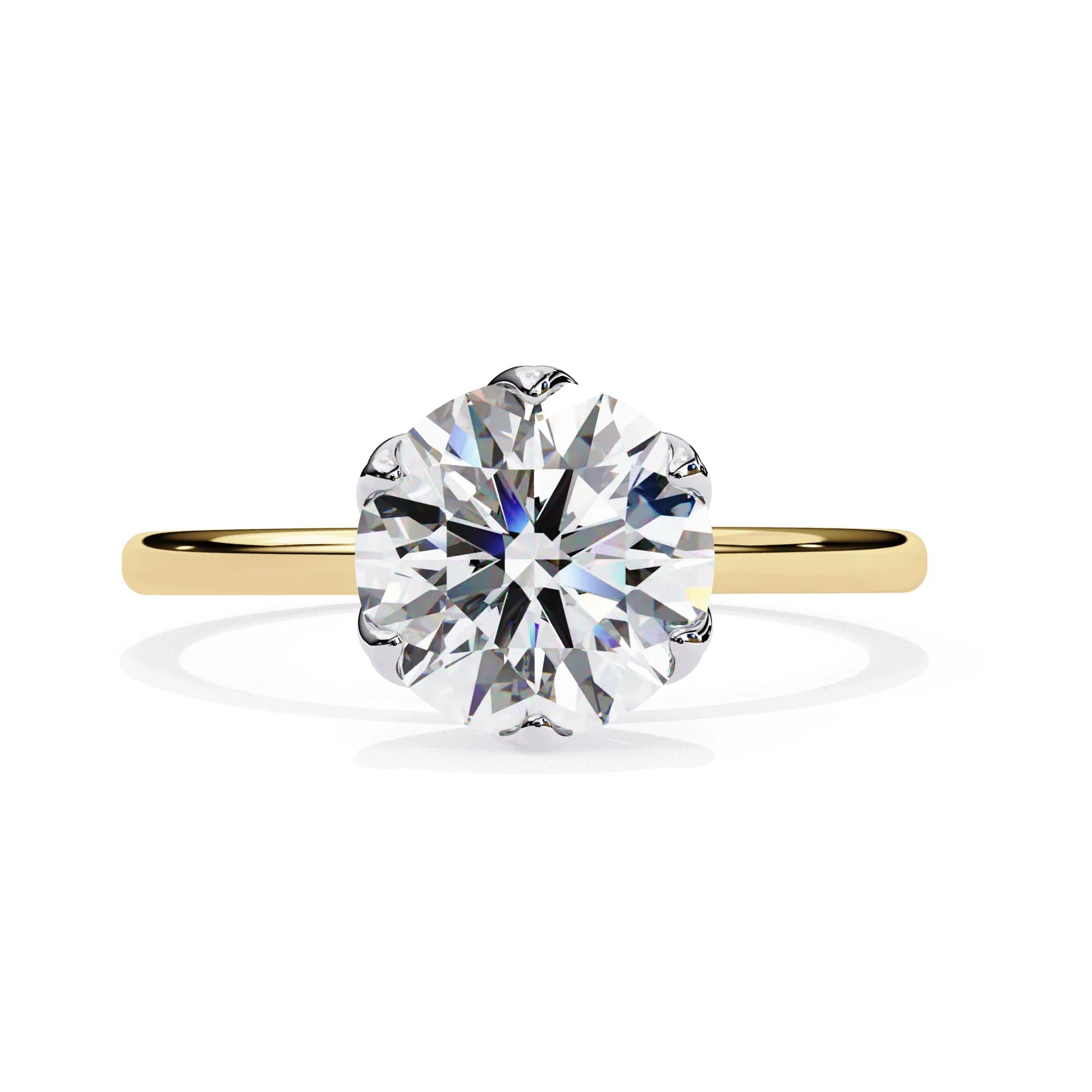Round lab grown diamond six-prong tulip solitaire engagement ring in yellow gold, front view