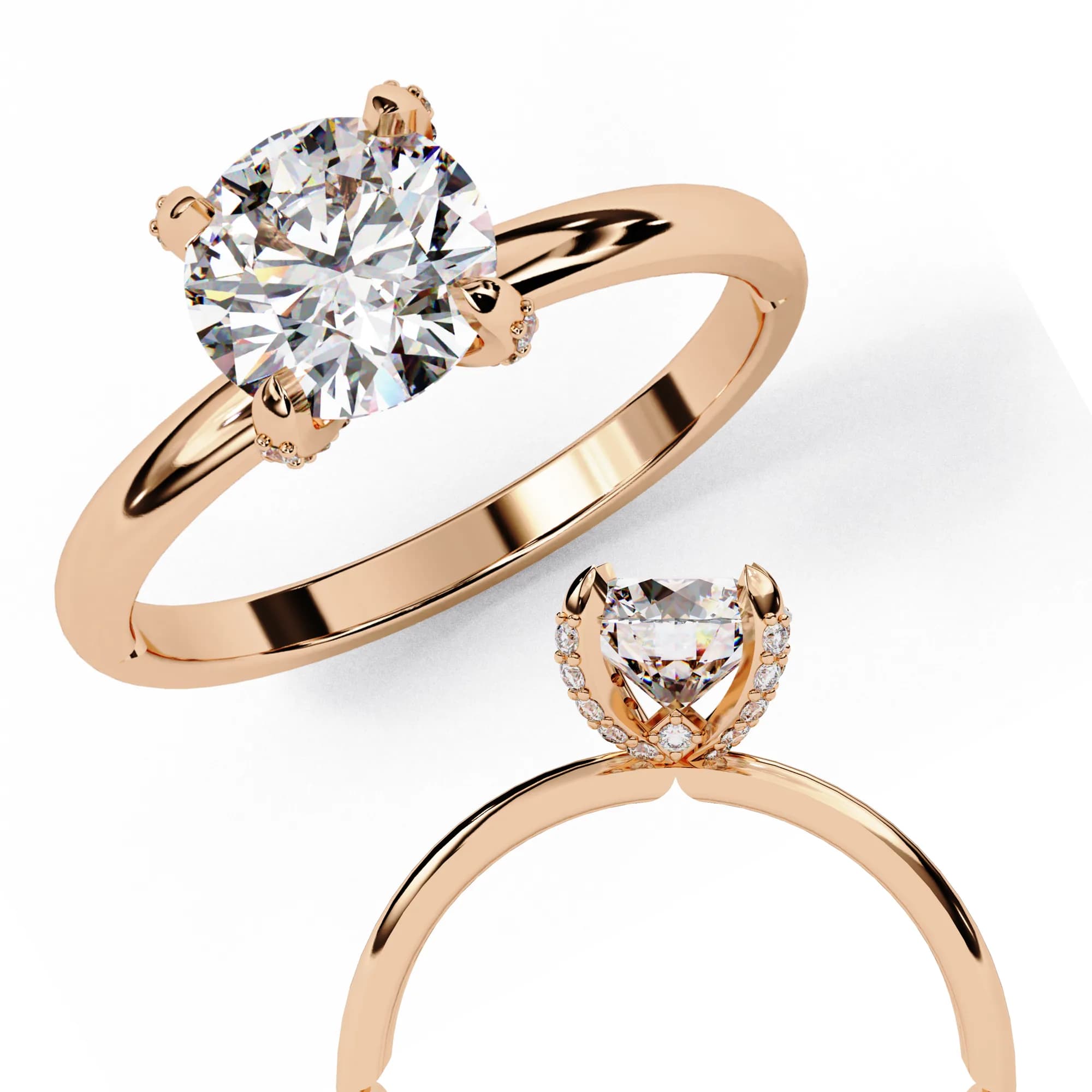 Round lab grown diamond pavé claw solitaire engagement ring in rose gold, angled overhead and gallery view