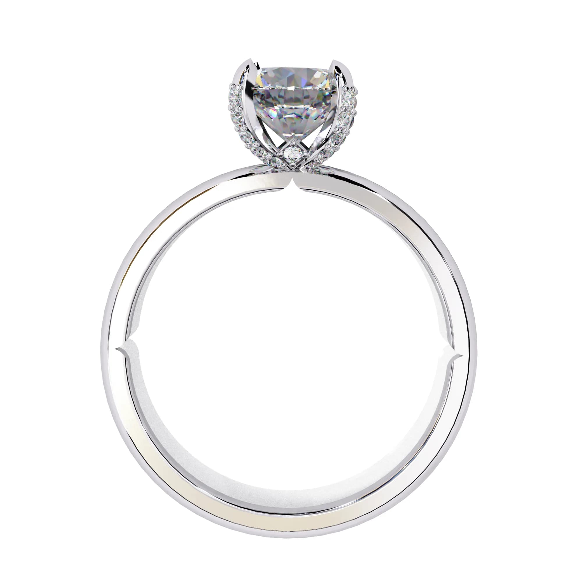 Round lab grown diamond pavé claw solitaire engagement ring in white gold, through-finger view