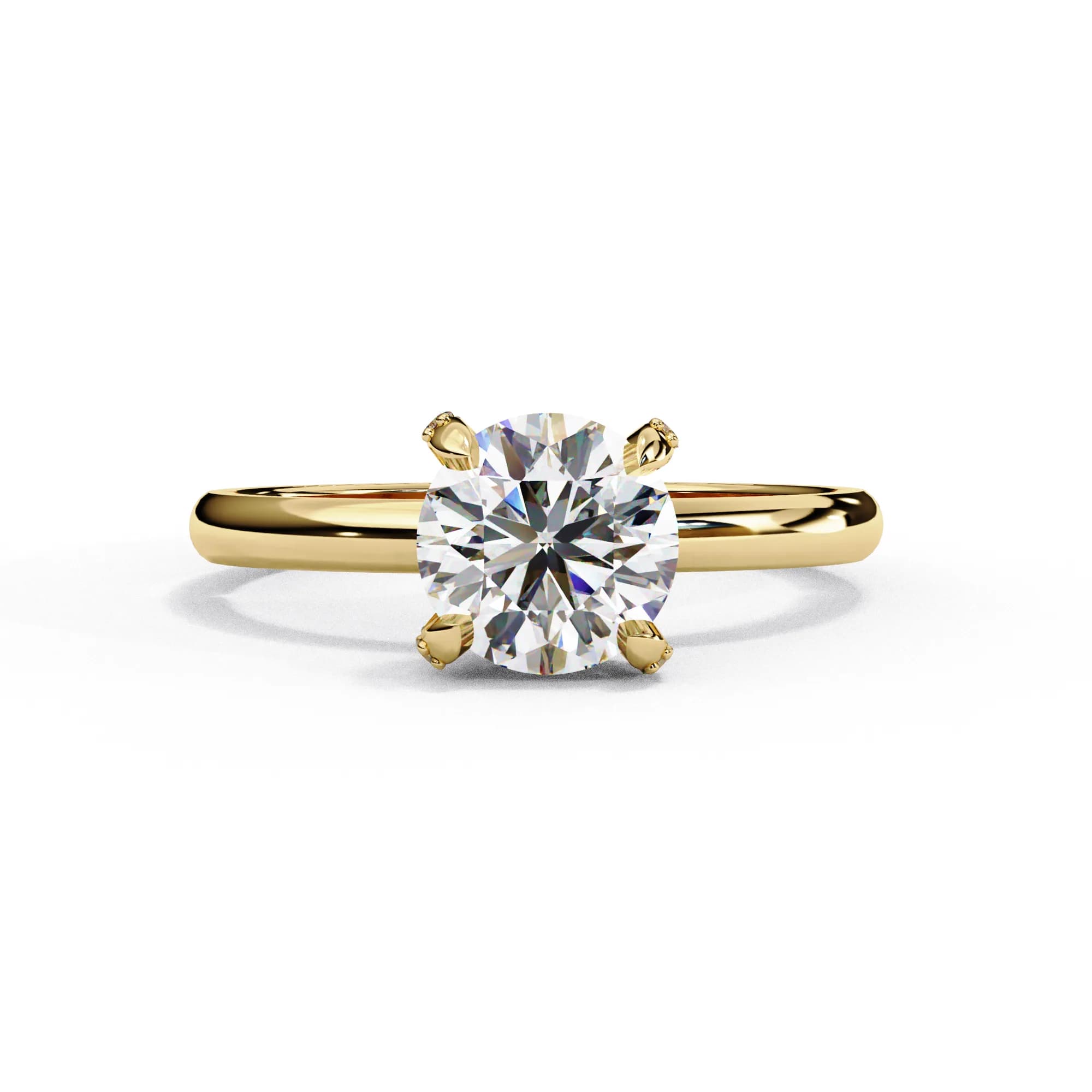 Round lab grown diamond pavé claw solitaire engagement ring in yellow gold, front view