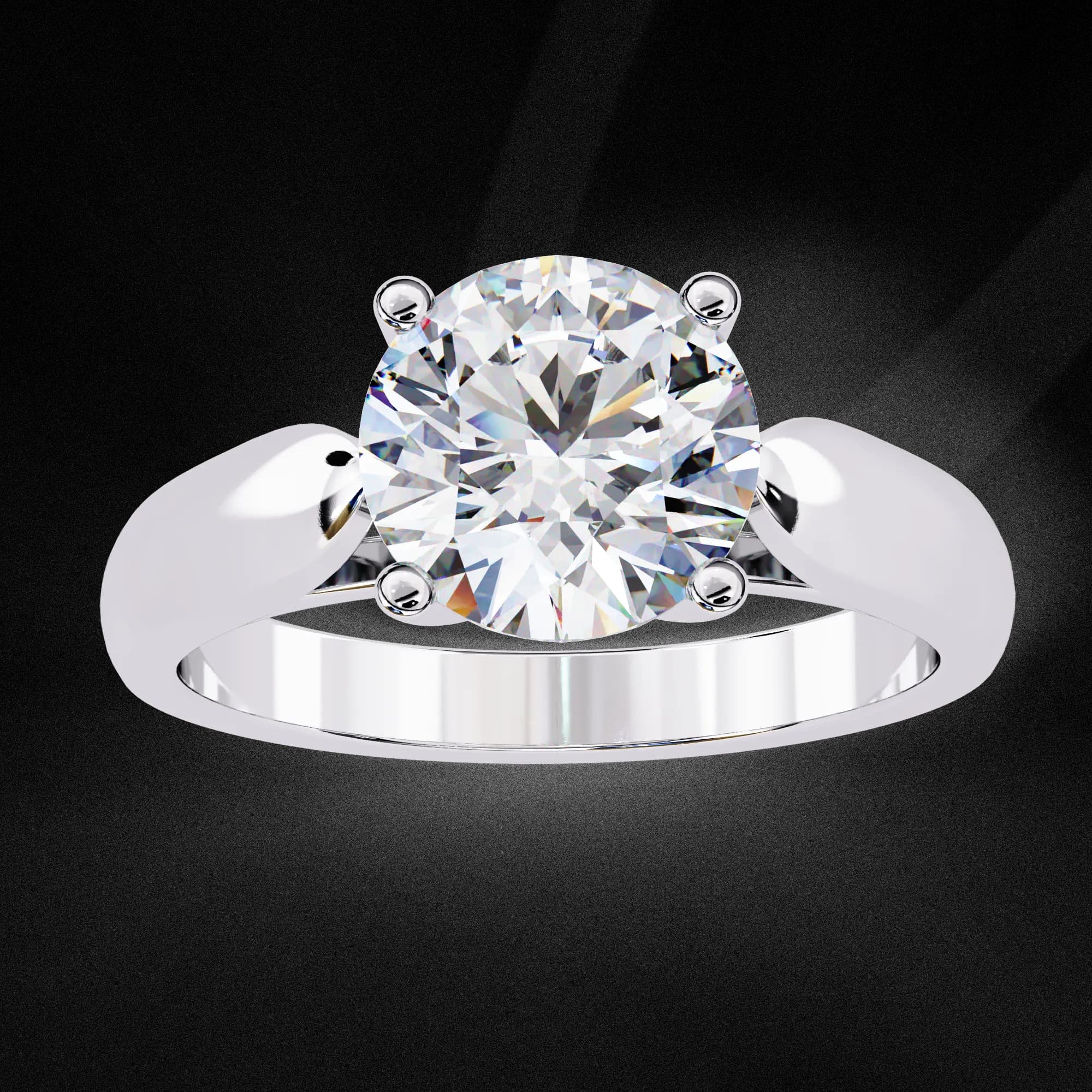 Round lab grown diamond four-claw cathedral solitaire engagement ring in white gold, angled view