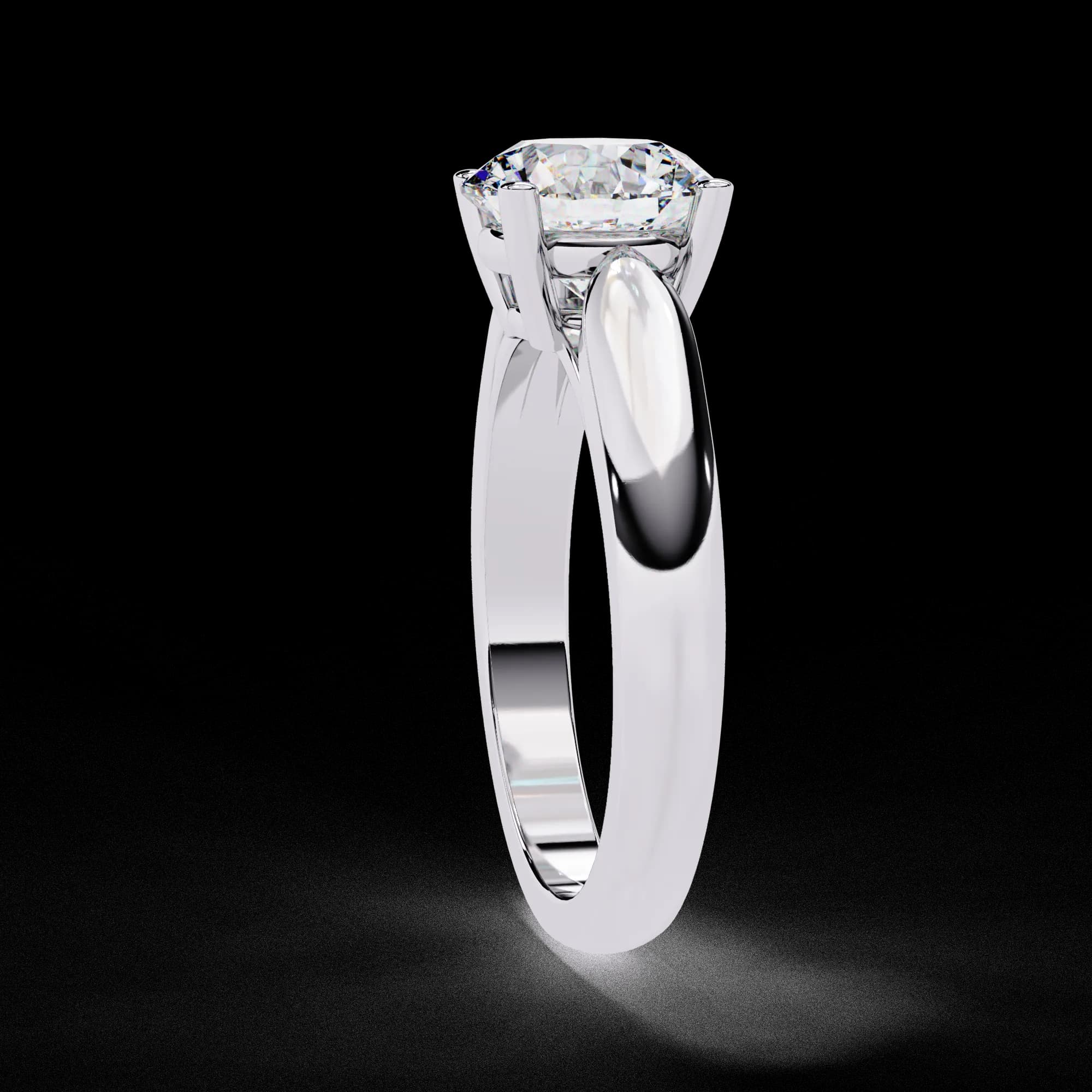 Round lab grown diamond four-claw cathedral solitaire engagement ring in white gold, side profile view