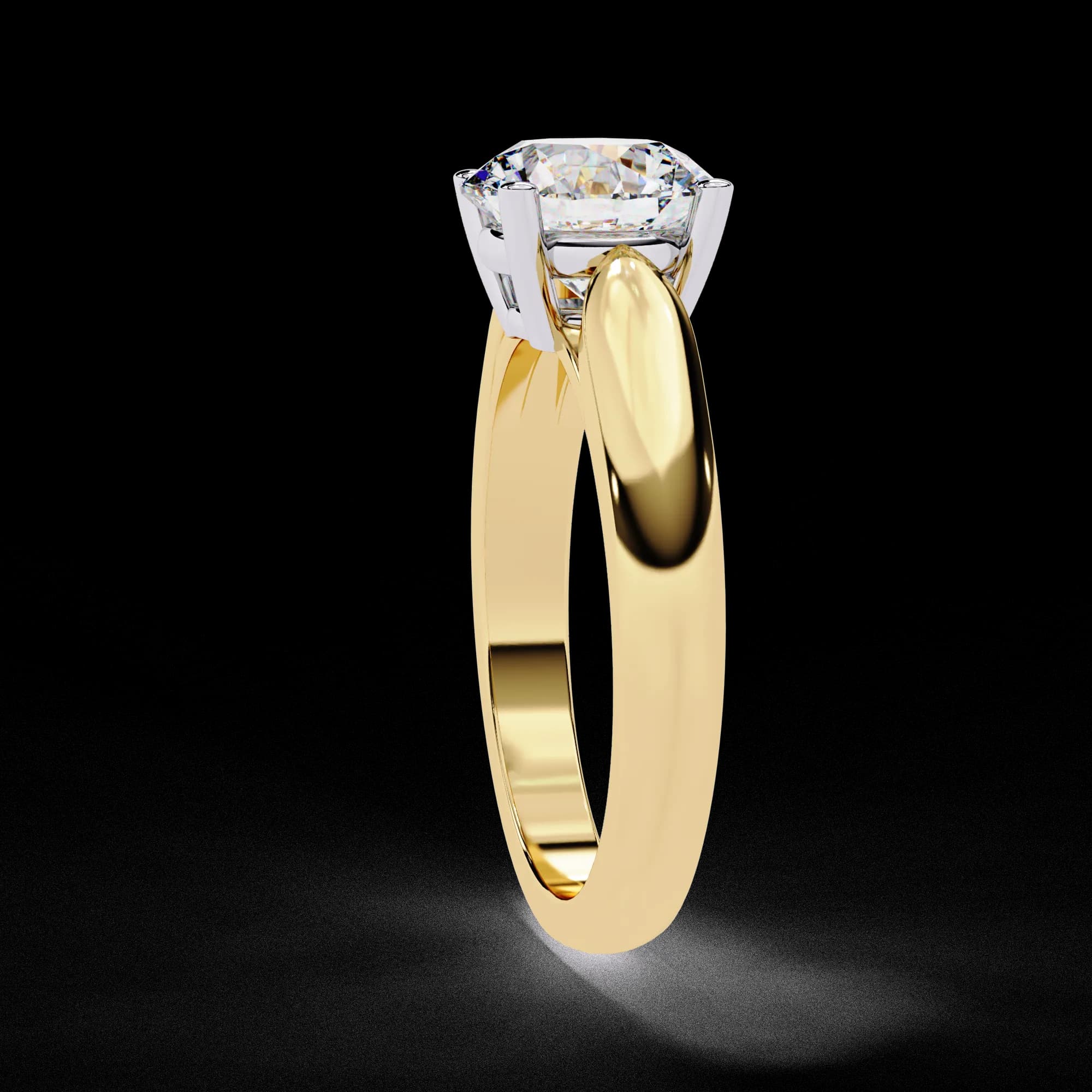 Round lab grown diamond four-claw cathedral solitaire engagement ring in yellow gold, side profile view