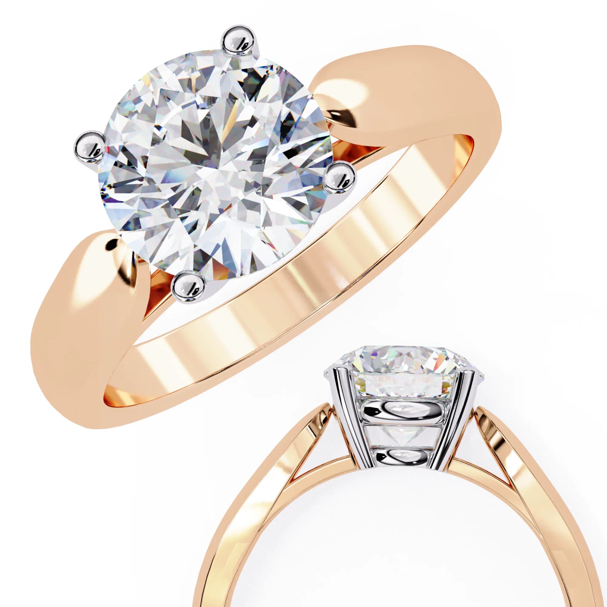 Round lab grown diamond four-claw cathedral solitaire engagement ring in rose gold, two-view composition