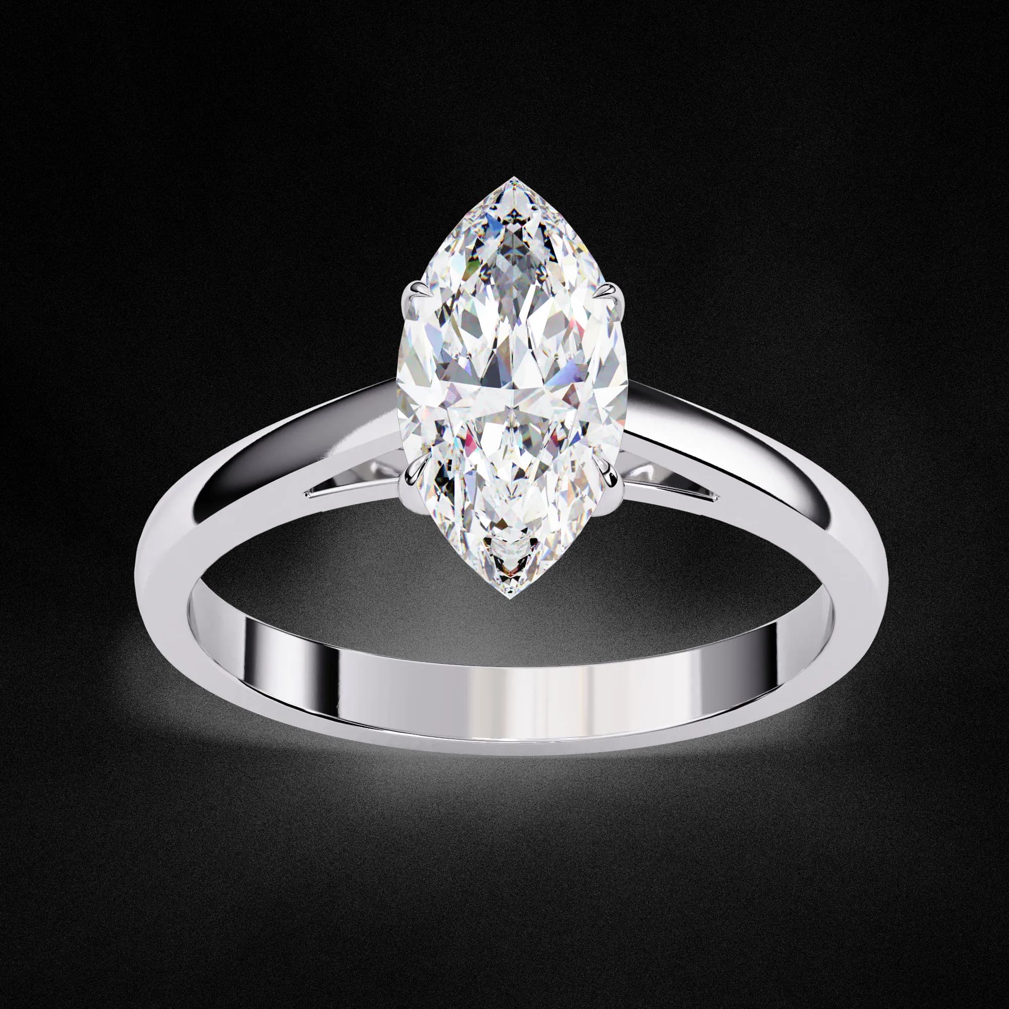 Marquise lab grown diamond solitaire engagement ring in white gold, angled view