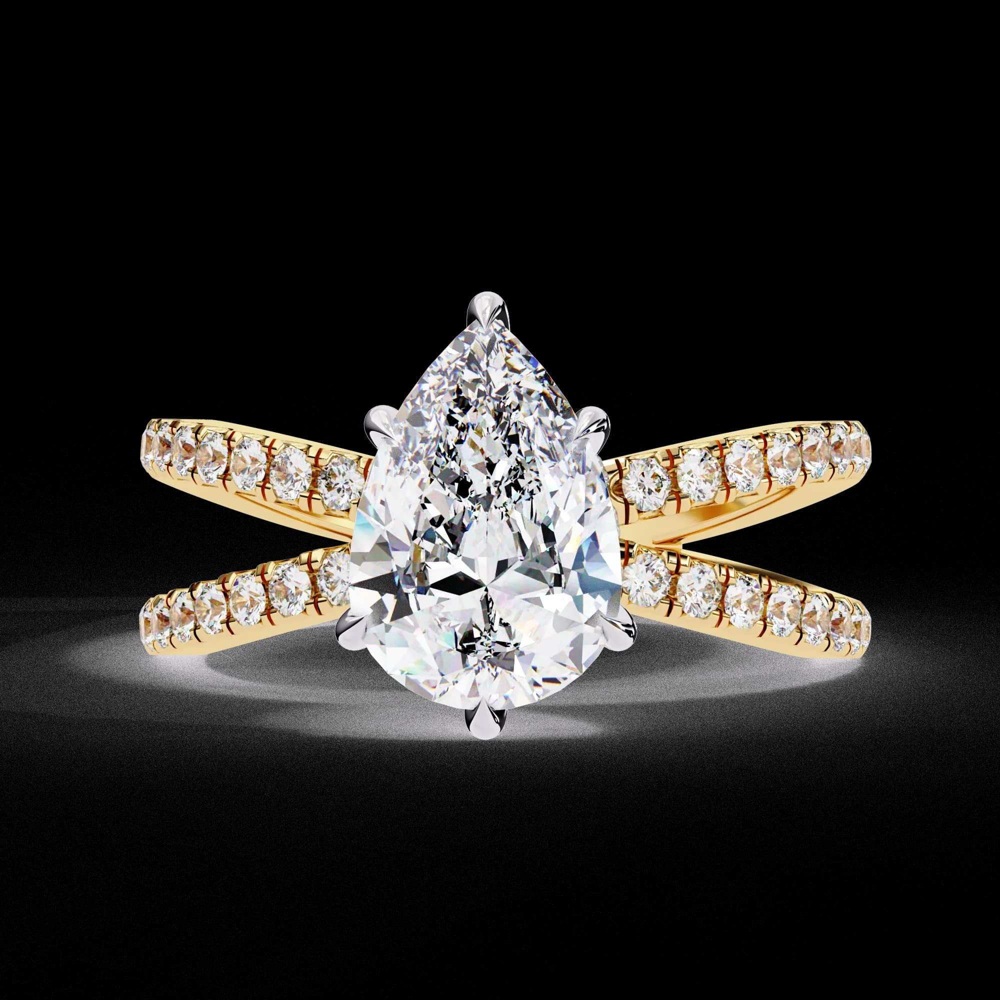 Pear cut lab grown diamond crossover pavé engagement ring in yellow gold, front view