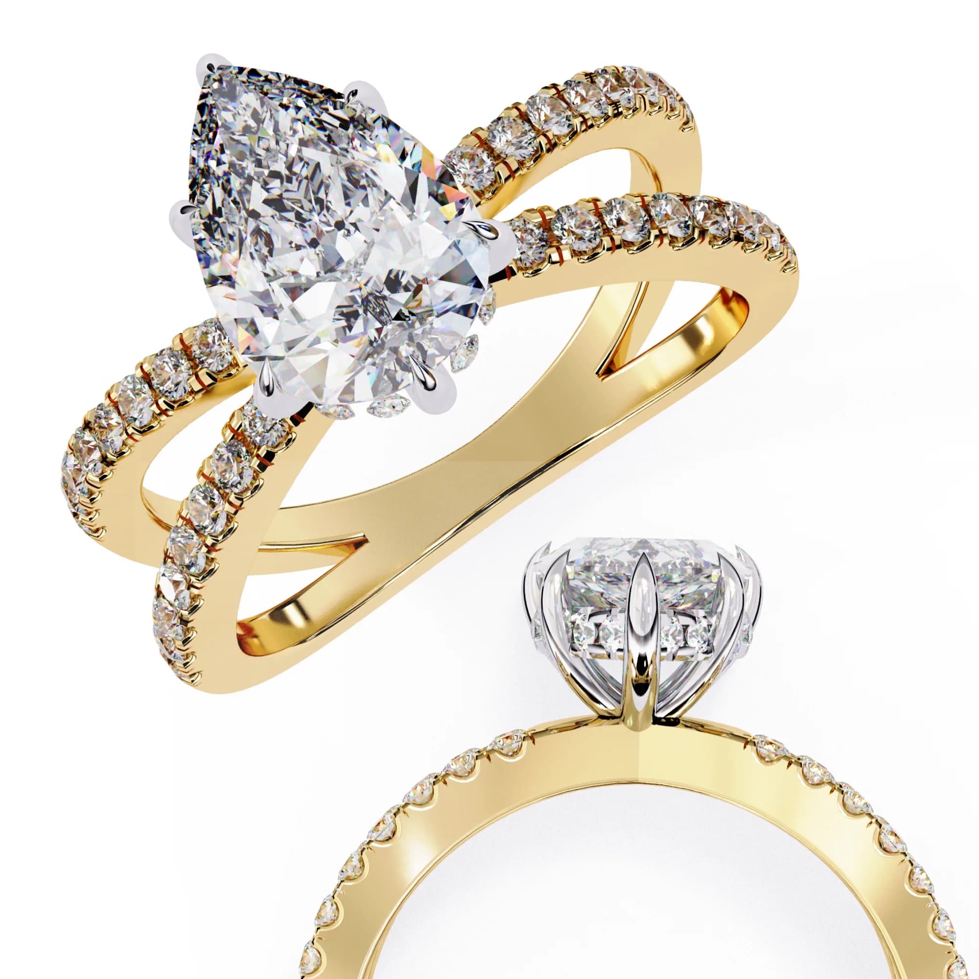 Pear cut lab grown diamond crossover pavé engagement ring in yellow gold, angled and through-finger detail views