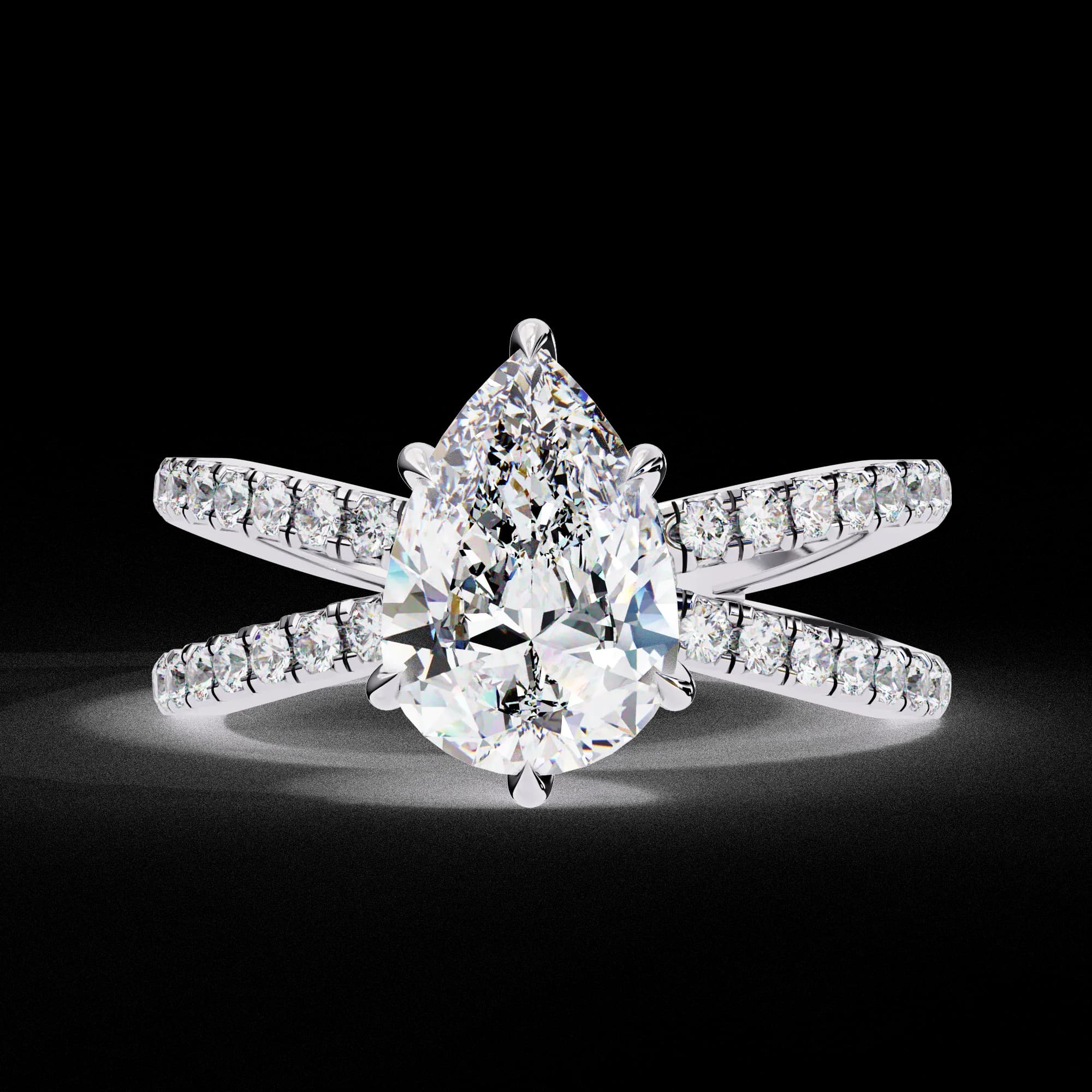 Pear cut lab grown diamond crossover pavé engagement ring in white gold, front view