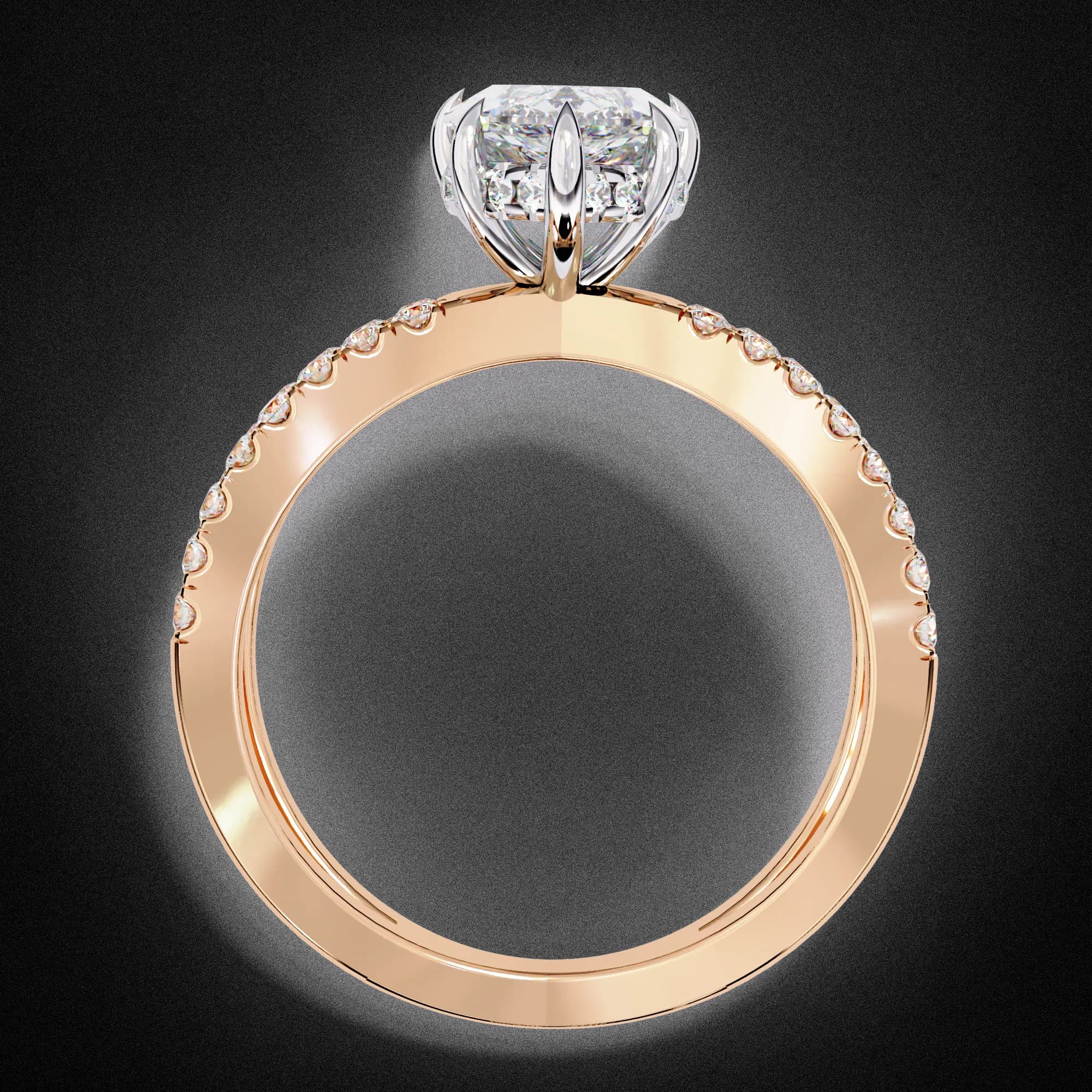 Pear cut lab grown diamond crossover pavé engagement ring in rose gold, through-finger view