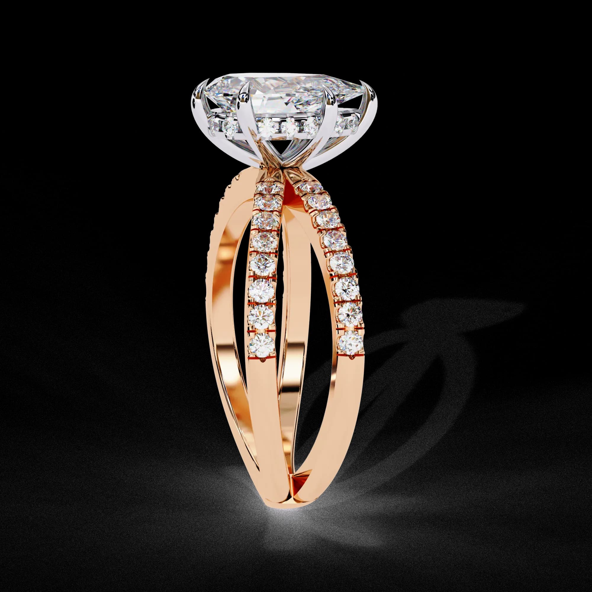 Pear cut lab grown diamond crossover pavé engagement ring in rose gold, side profile view