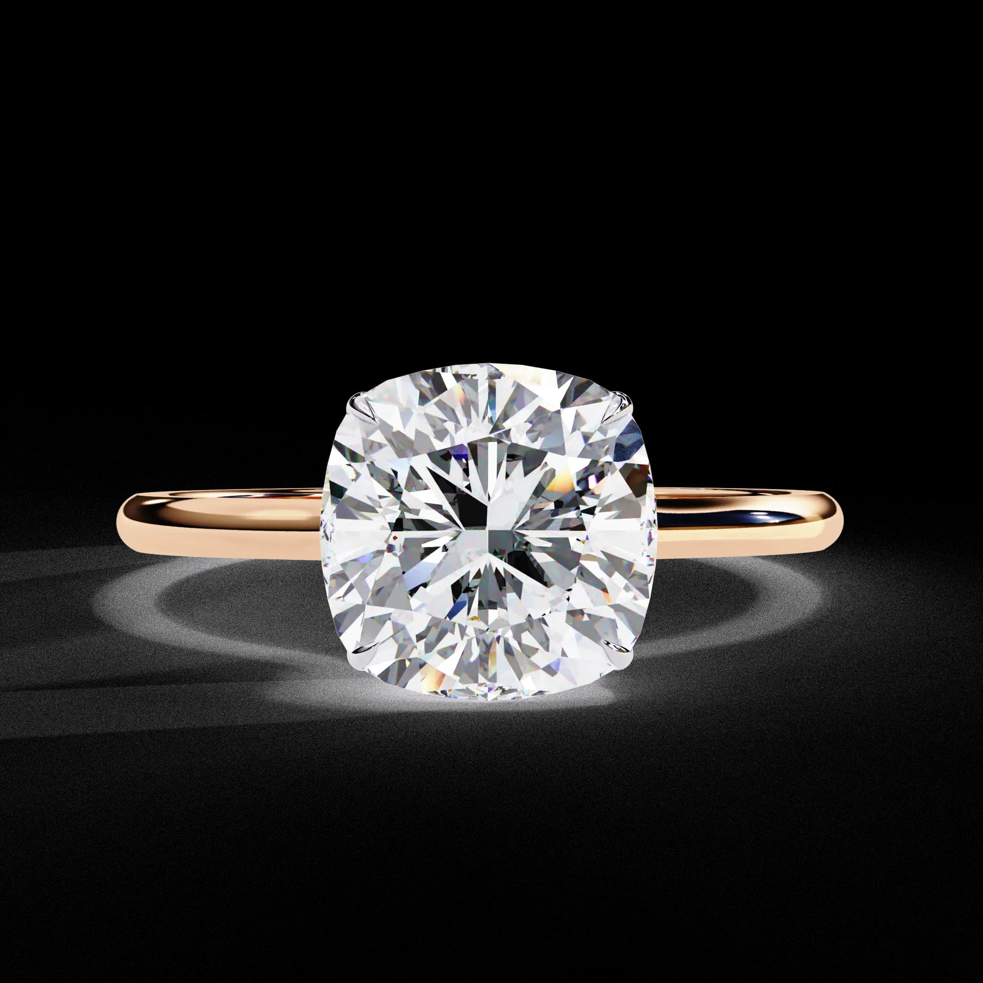 Cushion cut lab grown diamond hidden halo solitaire in rose gold, front view