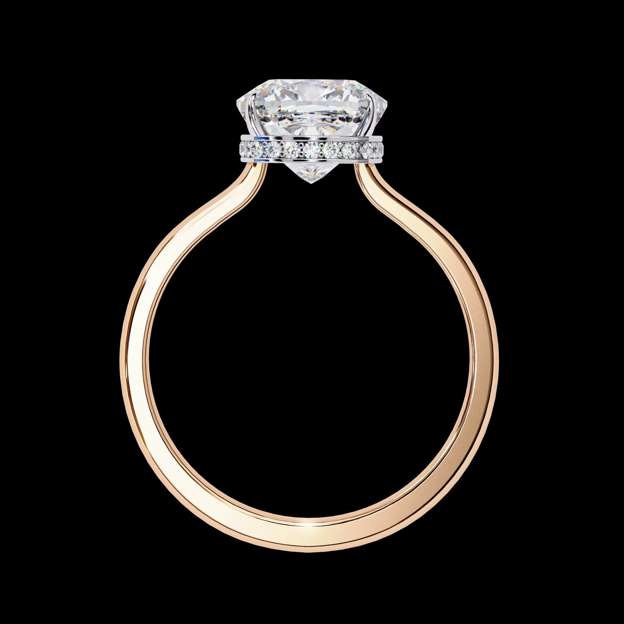 Cushion cut lab grown diamond hidden halo solitaire in rose gold, through-finger view