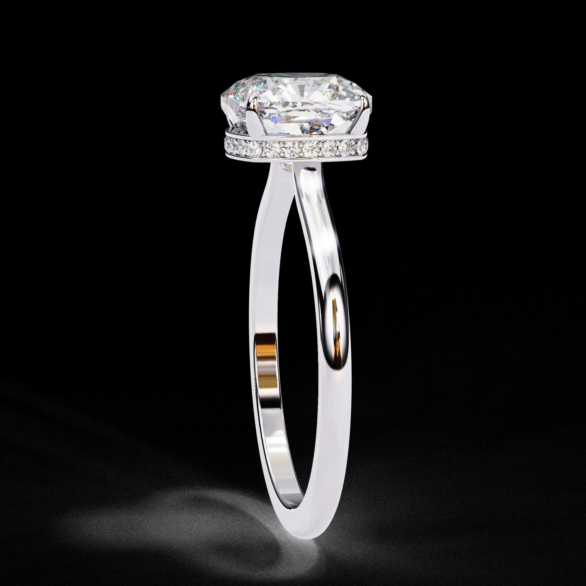 Cushion cut lab grown diamond hidden halo solitaire in white gold, side profile view