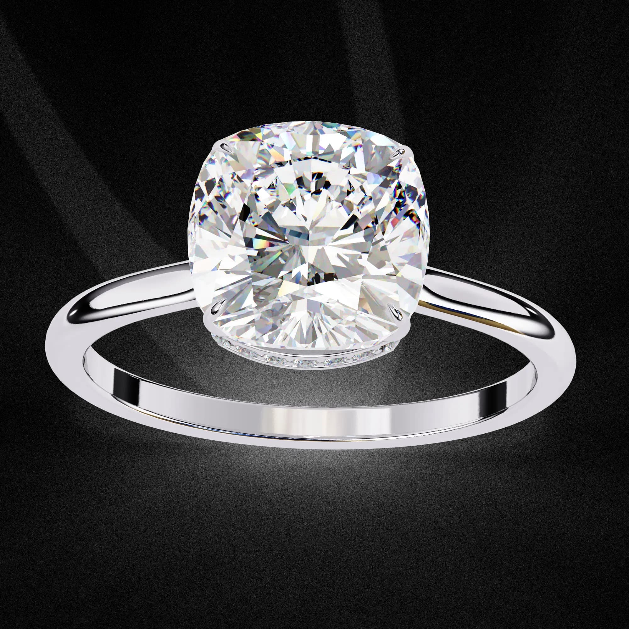 Cushion cut lab grown diamond hidden halo solitaire in white gold, low angled view