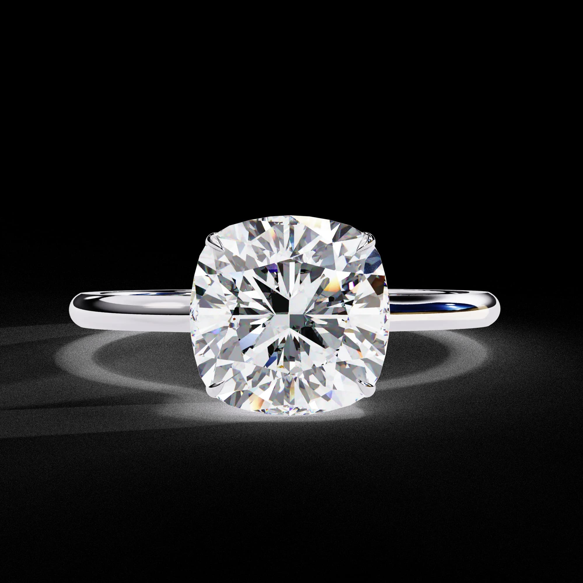Cushion cut lab grown diamond hidden halo solitaire in white gold, front view