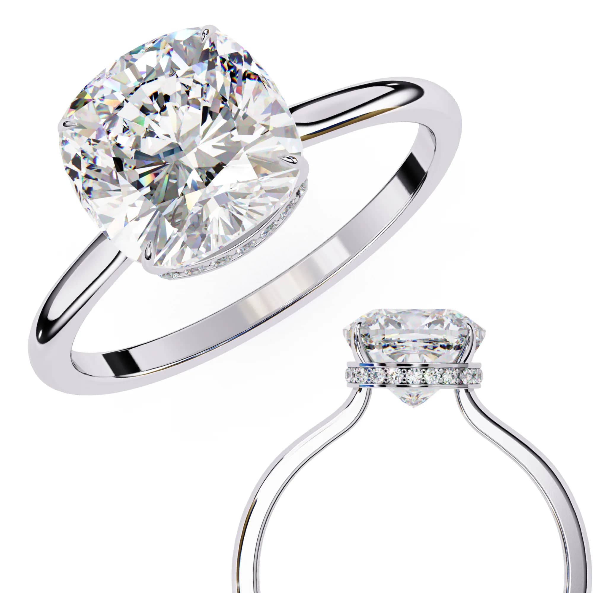 Cushion cut lab grown diamond hidden halo solitaire in white gold, angled view with a close-up of the setting