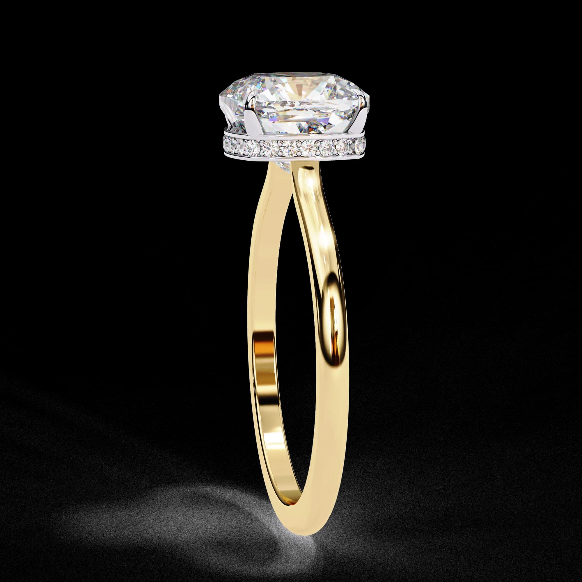 Cushion cut lab grown diamond hidden halo solitaire in yellow gold, side profile view