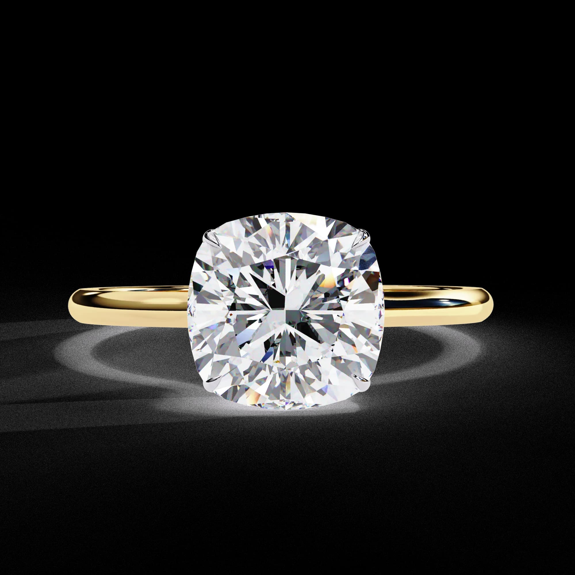 Cushion cut lab grown diamond hidden halo solitaire in yellow gold, front view