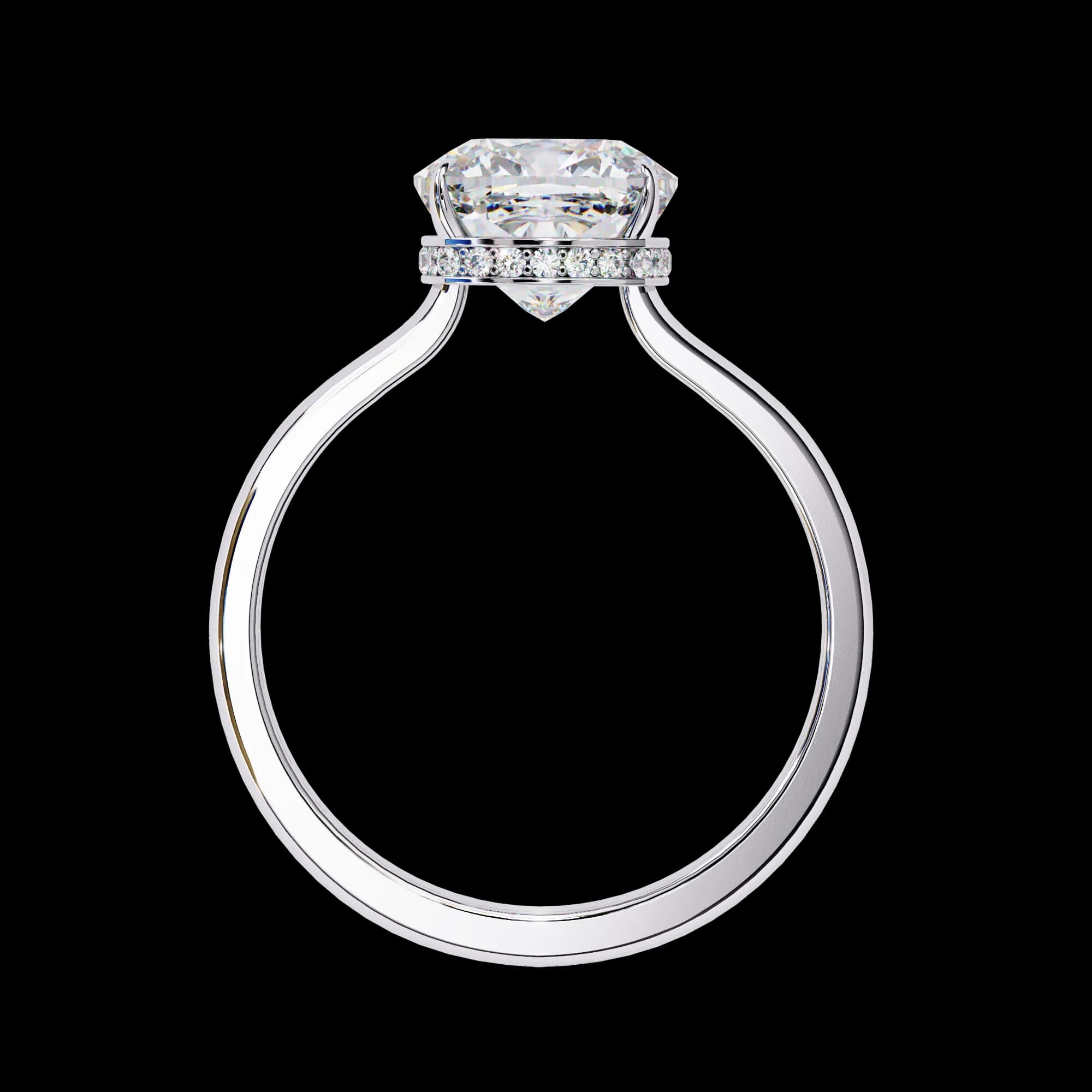 Cushion cut lab grown diamond hidden halo solitaire in white gold, through-finger view