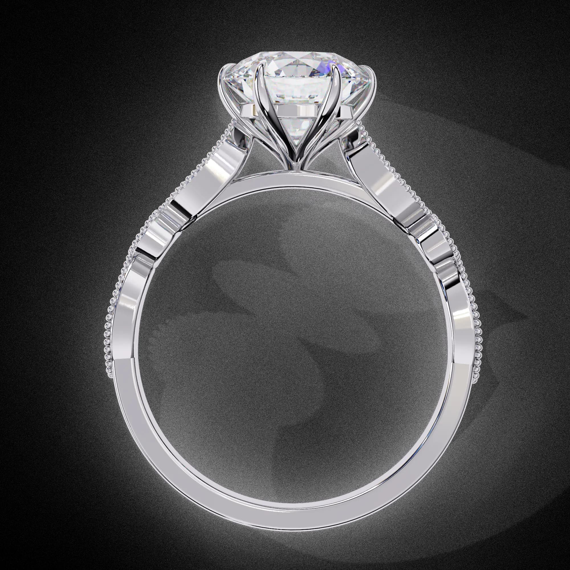 Round lab grown diamond vintage milgrain engagement ring in white gold, through-finger view