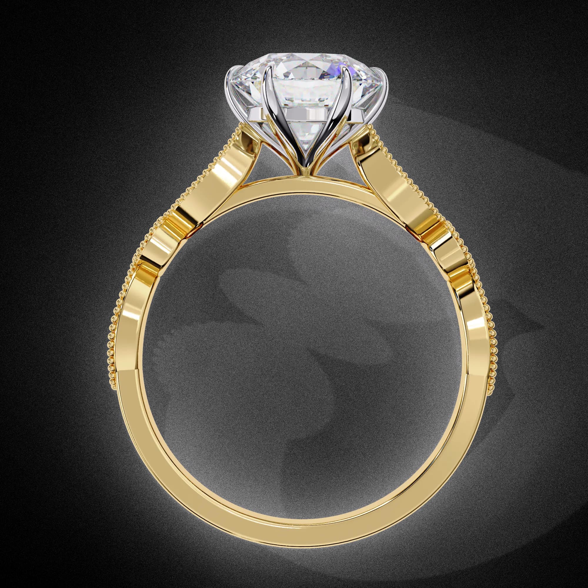 Round lab grown diamond vintage milgrain engagement ring in yellow gold, through-finger view