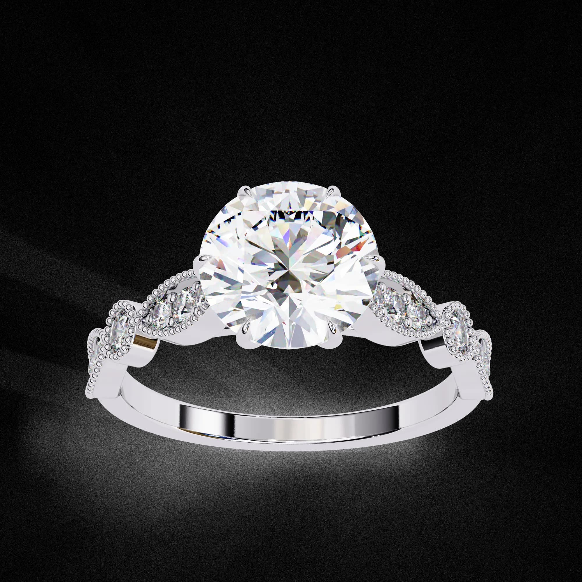 Round lab grown diamond vintage milgrain engagement ring in white gold, angled view
