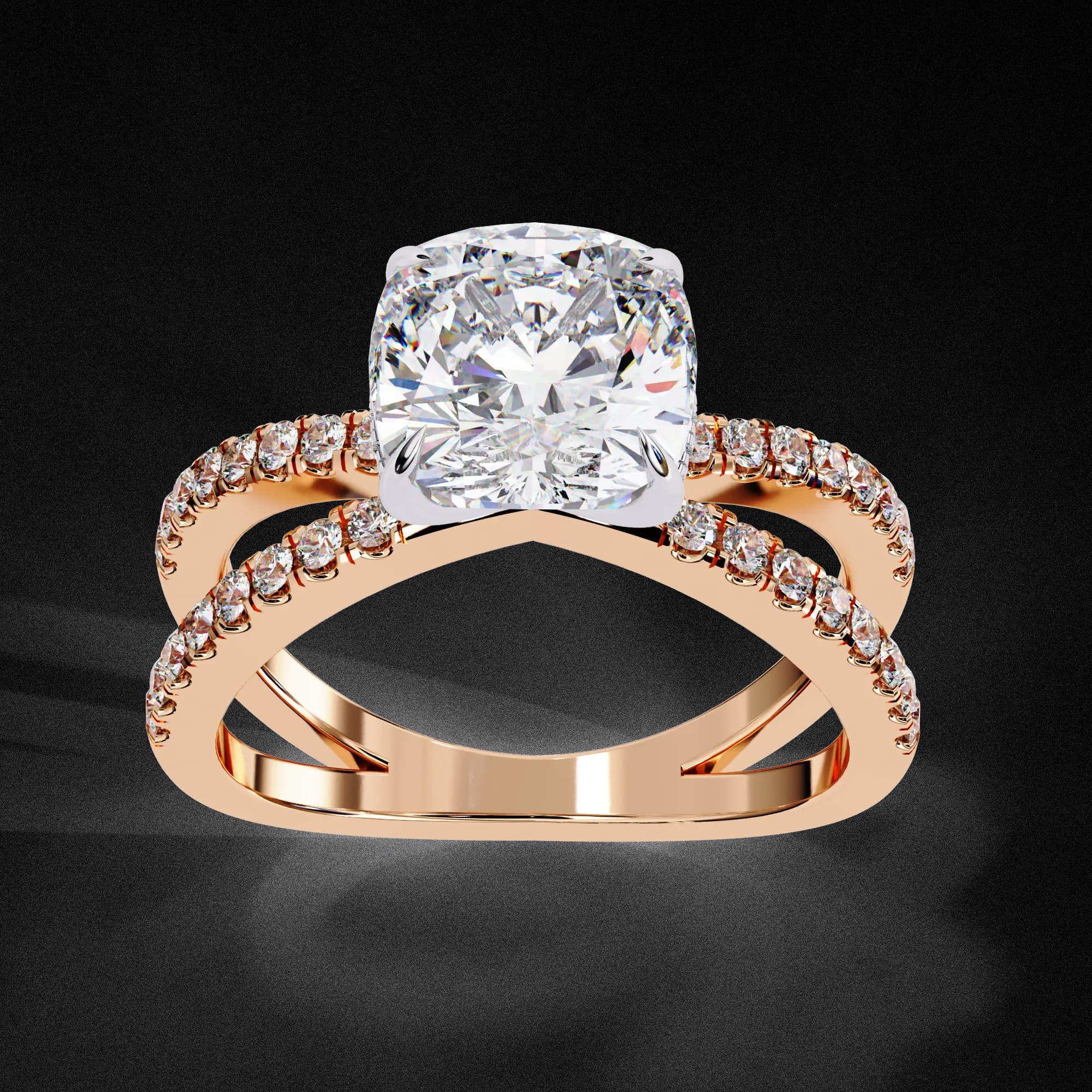 Cushion cut lab grown diamond crossover pavé engagement ring in rose gold, three-quarter view